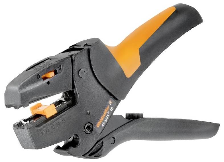 Une pince à dénuder les câbles noir et orange avec une poignée ergonomique, adaptée au dénudage de câbles.