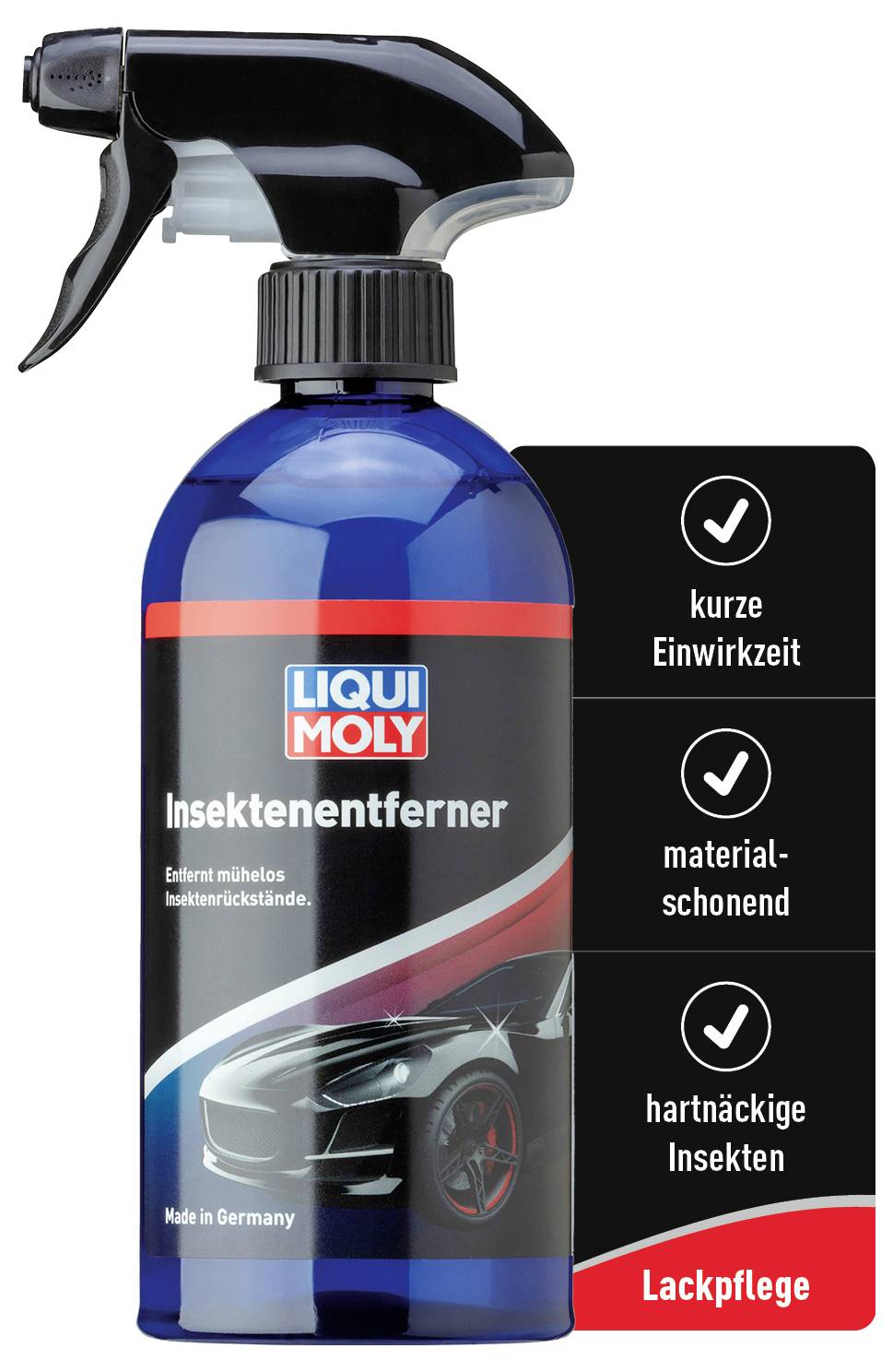 Bouteille de pulvérisation bleu foncé de Liqui Moly 'Dissolvant d'insectes', présentée comme ménageant les matériaux, à temps de contact court, fabriquée en Allemagne.