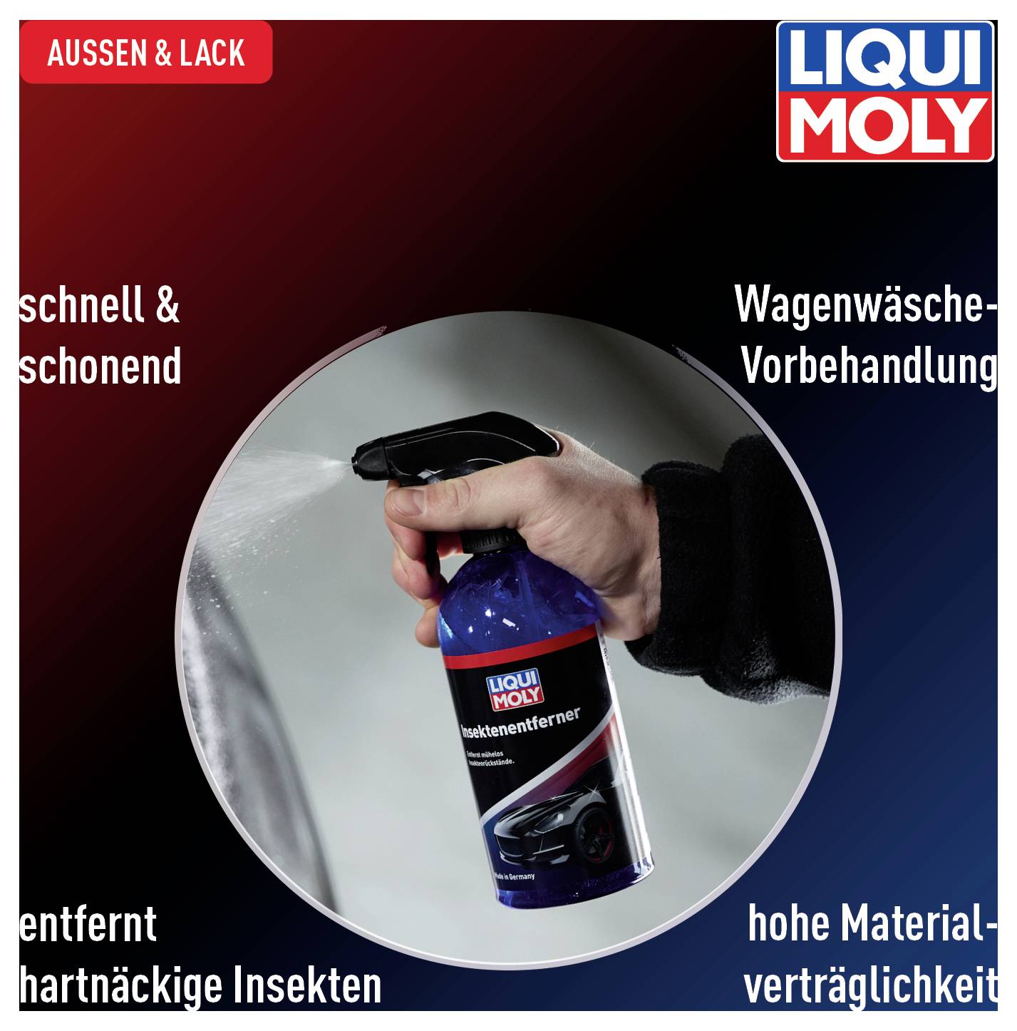 Une main tient un pulvérisateur de 'Détachant Insectes' de Liqui Moly. Le texte décrit un prétraitement rapide et en douceur, qui élimine les insectes tenaces, avec une haute compatibilité matérielle.
