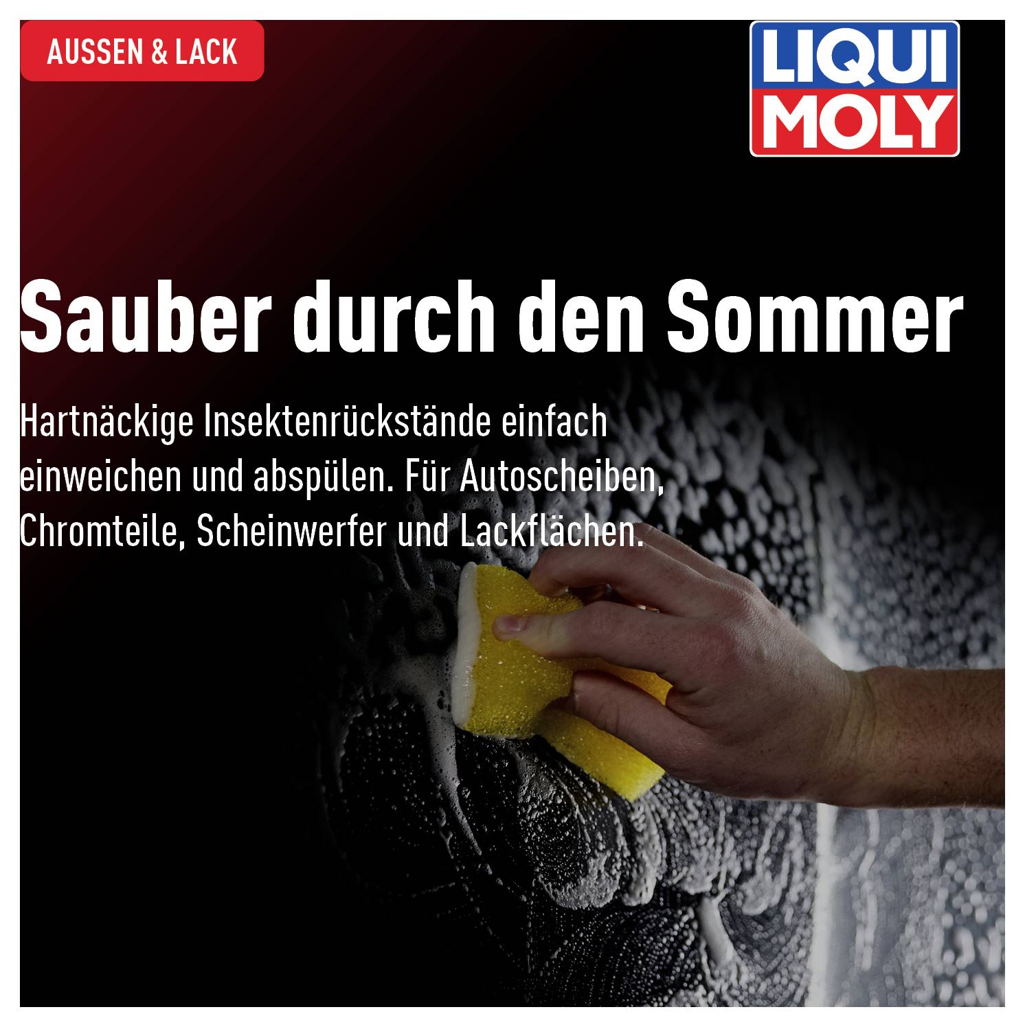 « Propre à travers l'été » Affiche publicitaire avec une éponge qui enlève de la mousse d'une surface. Le texte décrit le nettoyage de résidus d'insectes tenaces.