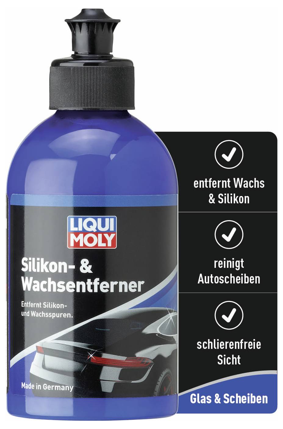 'LIQUI MOLY Dissolvant Silicone & Cire' Bouteille. Élimine le silicone et la cire des pare-brise automobiles, garantit une vision sans trace. Fabriqué en Allemagne.
