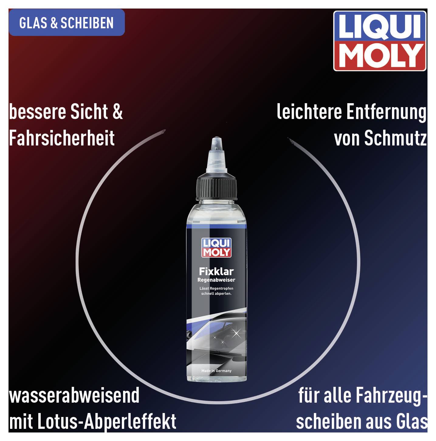 'Bouteille de liquide nettoyant Liqui Moly Fixklar, promu pour une meilleure visibilité, la sécurité du véhicule, hydrofuge, facilitant l'élimination des salissures.'