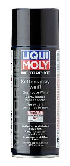 Un aérosol noir portant l'inscription 'Liqui Moly Motorbike Kettenspray blanc'. Spécialement conçu pour les chaînes de moto, synthétique.