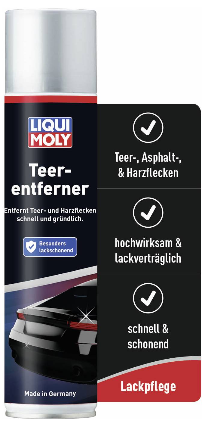 Un aérosol de Liqui Moly pour éliminer les taches de goudron et de résine. Particulièrement doux pour la peinture, très efficace et compatible avec les surfaces peintes.