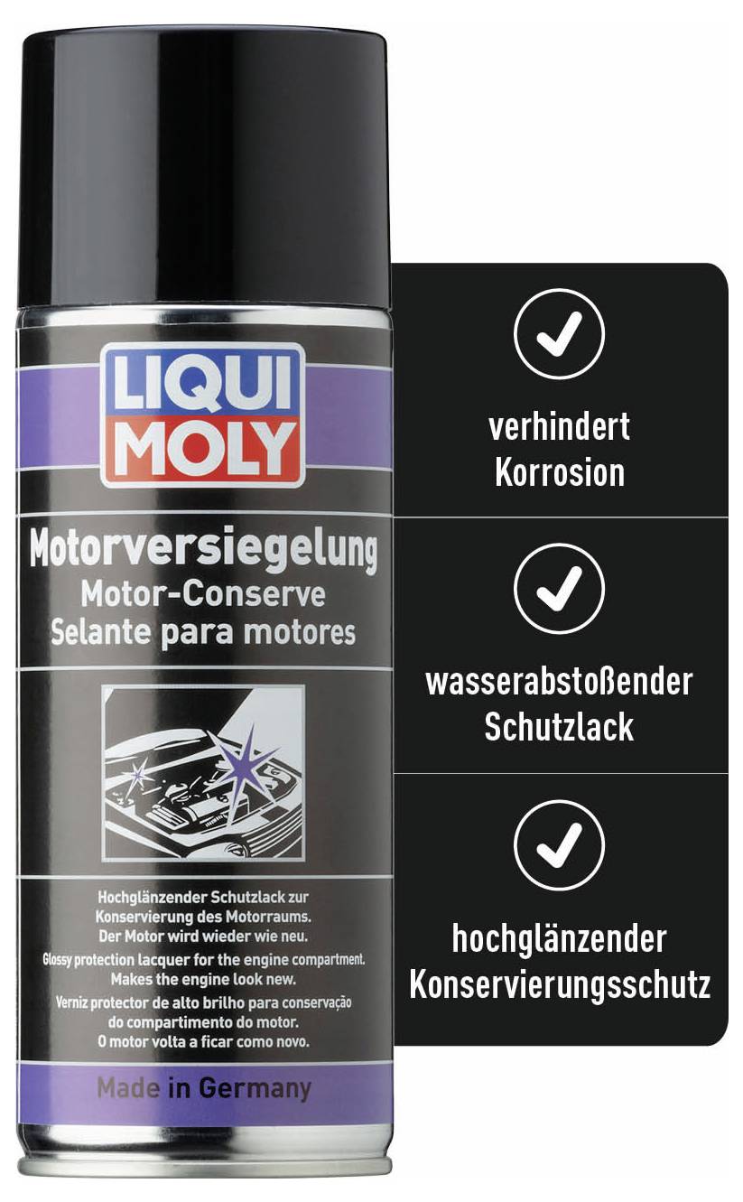 Boîte de spray 'Liqui Moly Motorversiegelung' sur fond noir. Texte : 'prévient la corrosion, laque de protection hydrofuge, protection de conservation hautement brillante'.