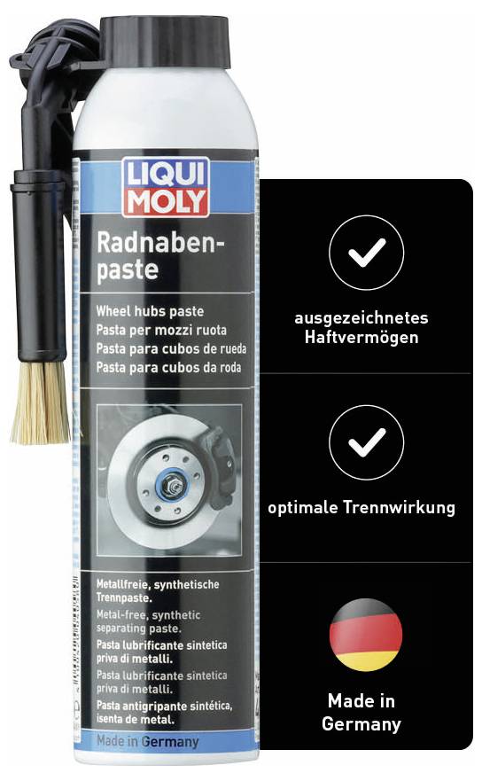 Boîte de 'Liqui Moly Pâte pour moyeu de roue', pinceau à gauche, détails : excellente adhérence, séparation optimale, Fabriqué en Allemagne.