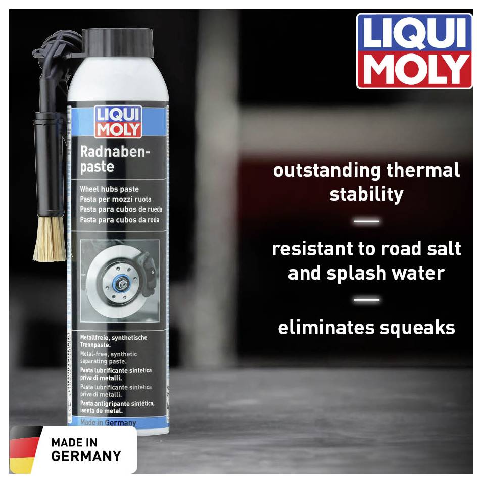 'Spray pour moyeu LIQUI MOLY' à côté d'informations soulignant son excellente résistance à la température et à l'eau. Fabriqué en Allemagne.