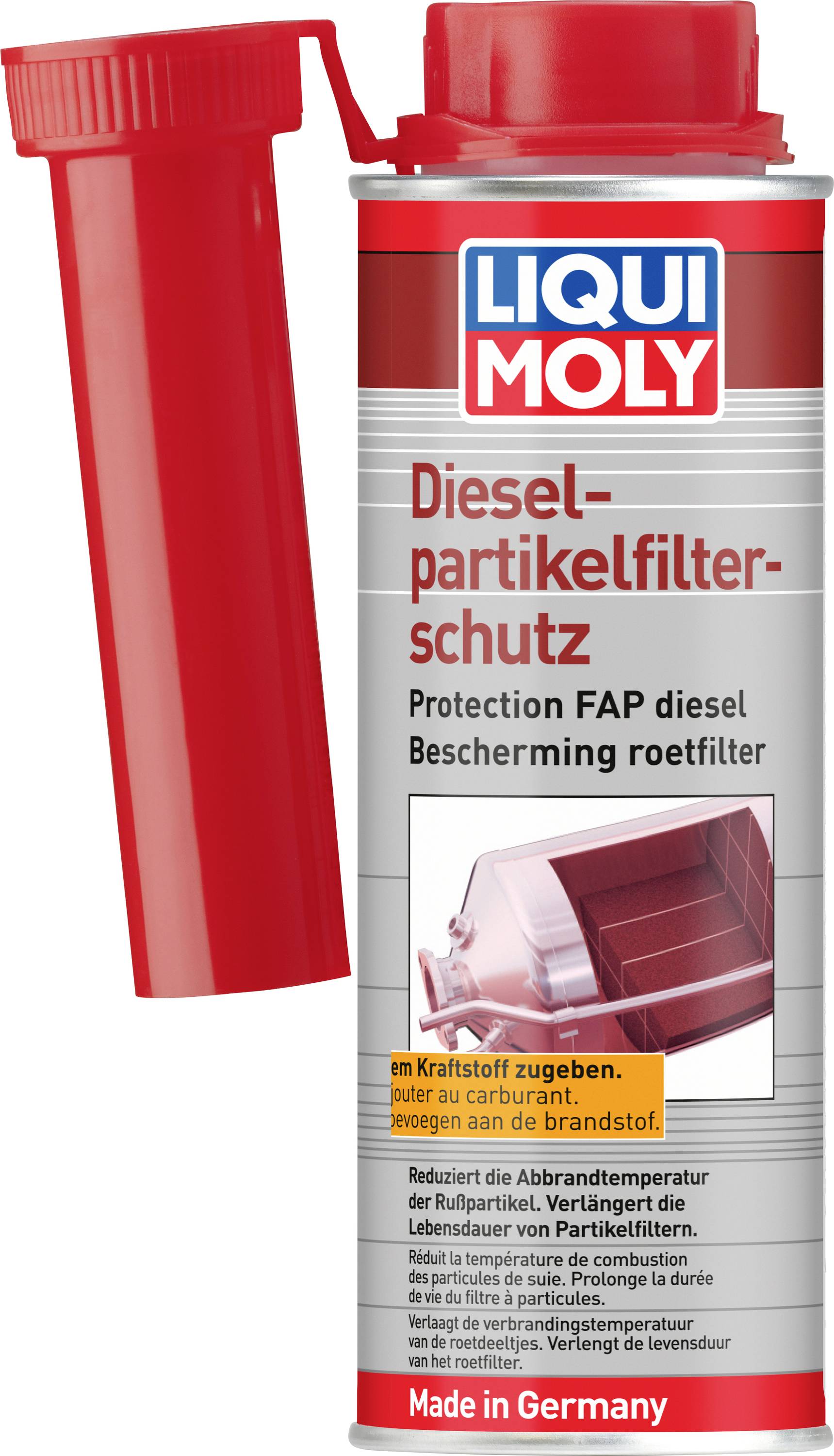 Liqui Moly Dieselpartikelfilter-Schutzadditiv-Behälter mit rotem Deckel und angefügter roter Ausgießhilfe.