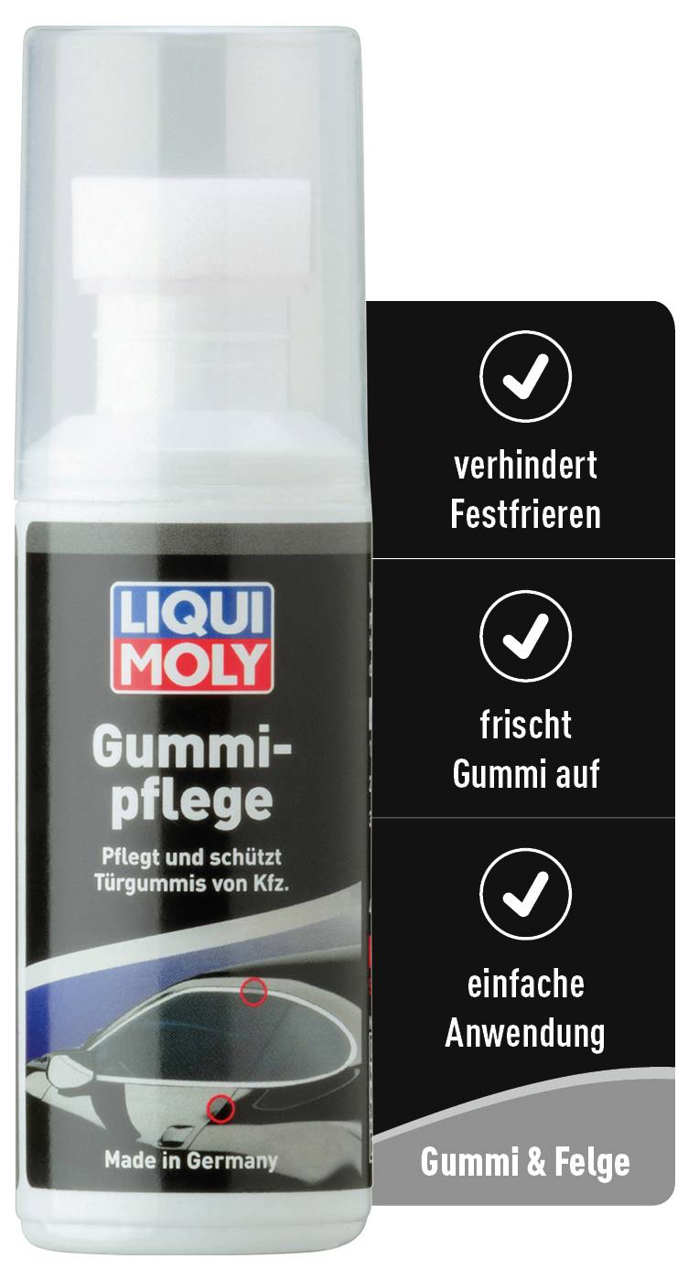 Bouteille de 'Liqui Moly Entretien du Caoutchouc', protège les joints de portes de voiture. Trois avantages mis en évidence : empêche le gel, rafraîchit le caoutchouc, application facile.