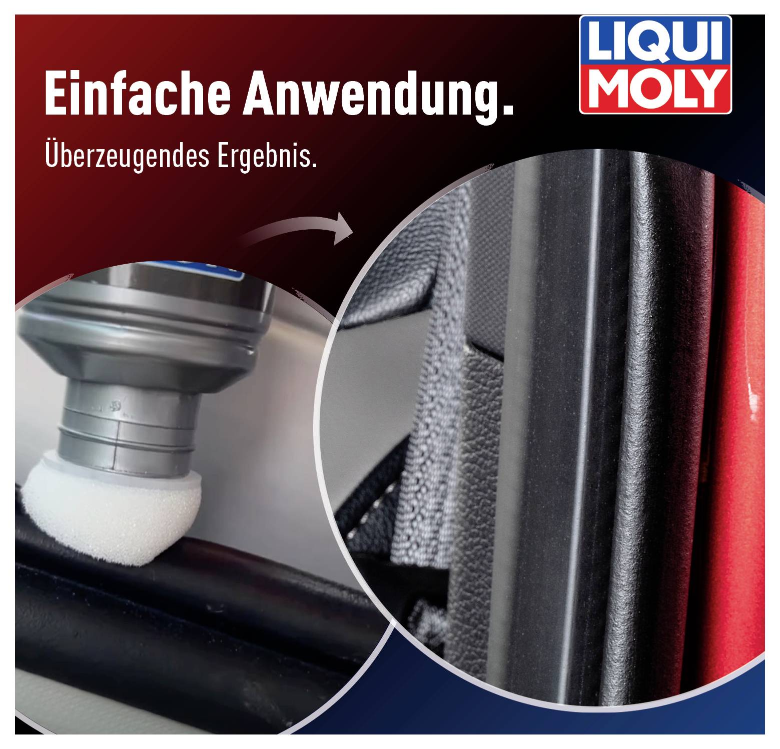 Application simple du produit sur un joint de portière de voiture. Le résultat est convaincant. Logo LIQUI MOLY en haut à droite.