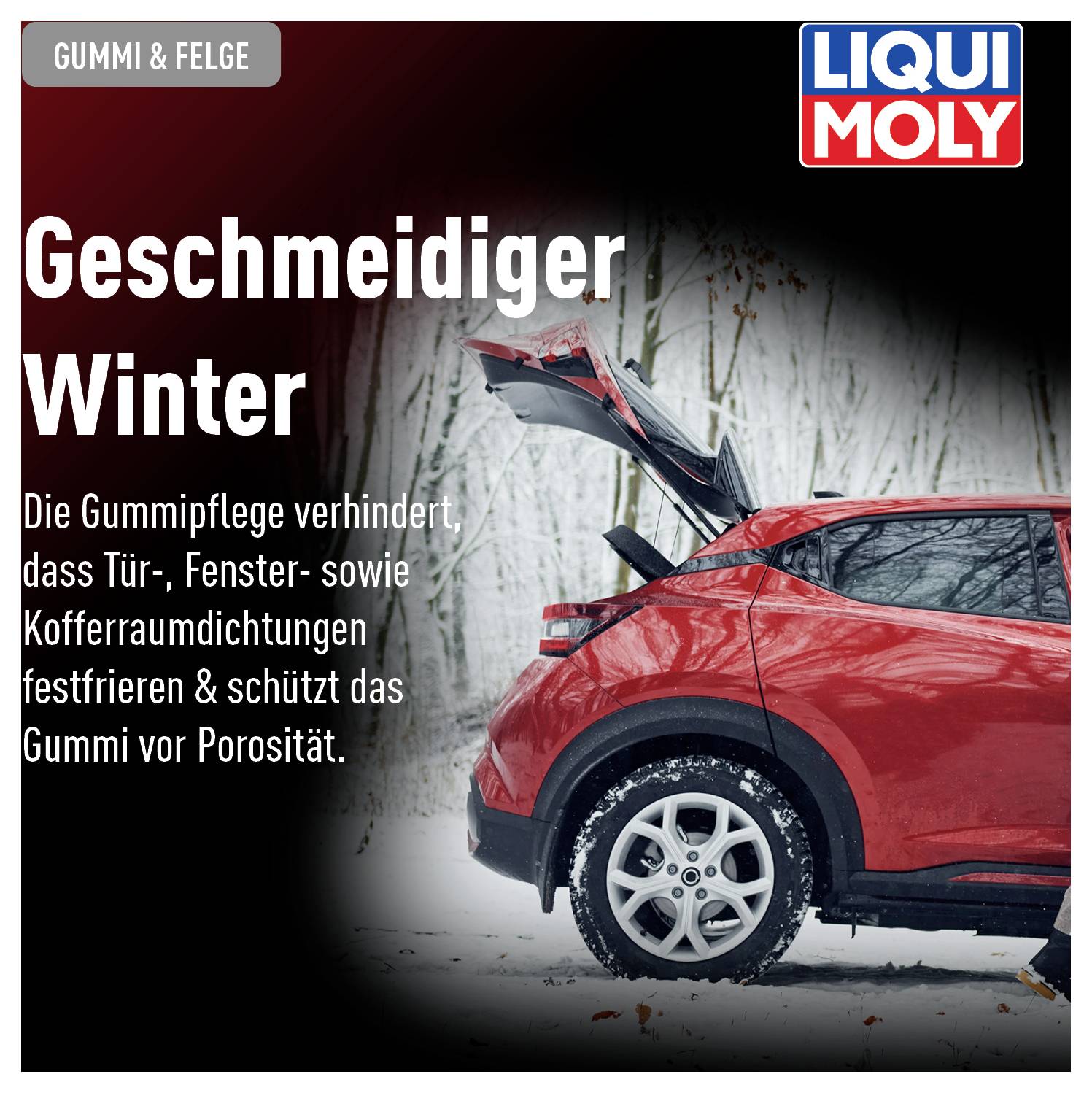 Voiture rouge avec coffre ouvert dans une forêt enneigée. Le texte souligne l'importance de l'entretien des pièces en caoutchouc pendant l'hiver.