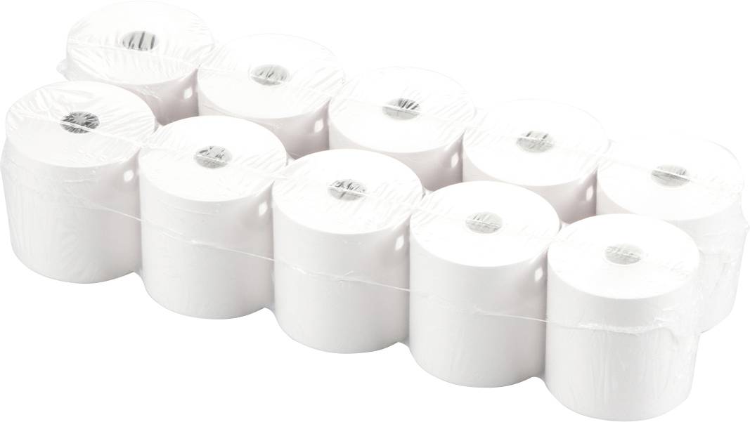 Paquet de 10 rouleaux de papier toilette blancs, empilés en deux rangées, emballés dans un film plastique.