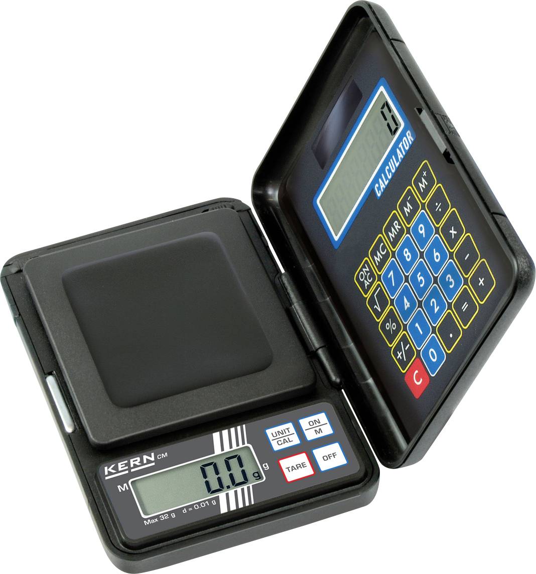 Balance de poche numérique avec calculatrice intégrée. La balance affiche 0,0 g. Le secteur calculateur indique le chiffre 8.