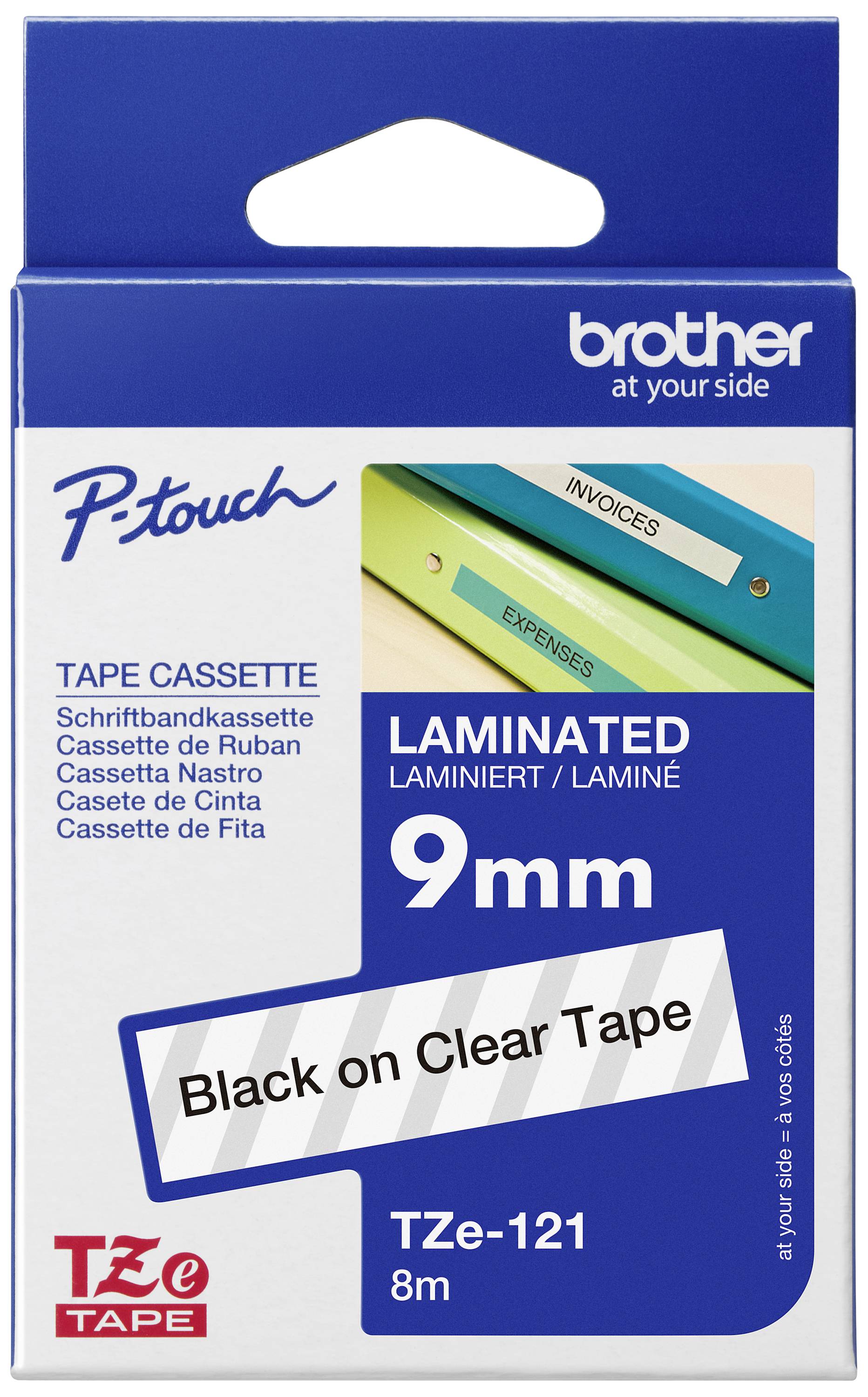 Cassette de ruban Brother P-Touch, ruban laminé TZe-121 de 9 mm, écriture noire sur bande transparente, longueur de 8 m. L'emballage présente des exemples de ruban.