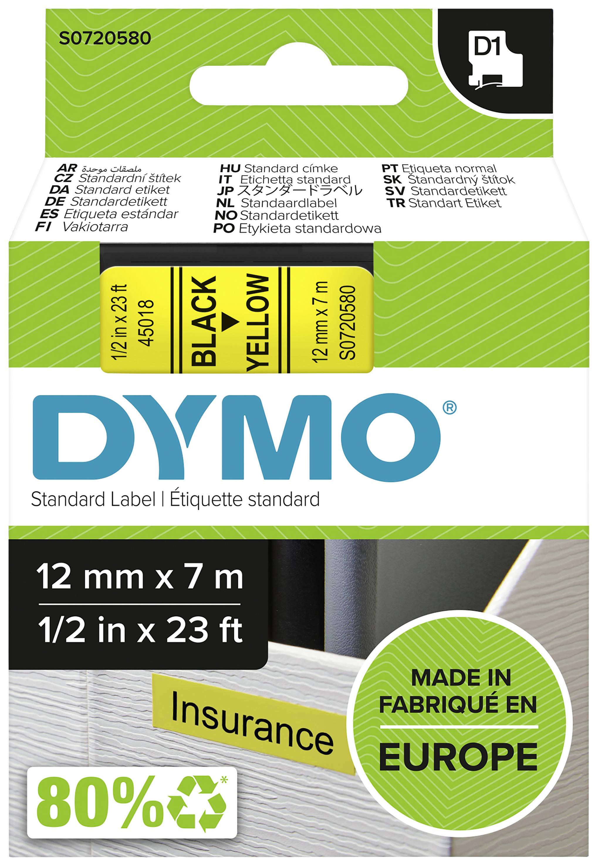Cassette d'étiquettes 'DYMO', 12 mm x 7 m, écriture noire sur fond jaune, adaptée aux documents d'assurance, fabriquée en Europe.