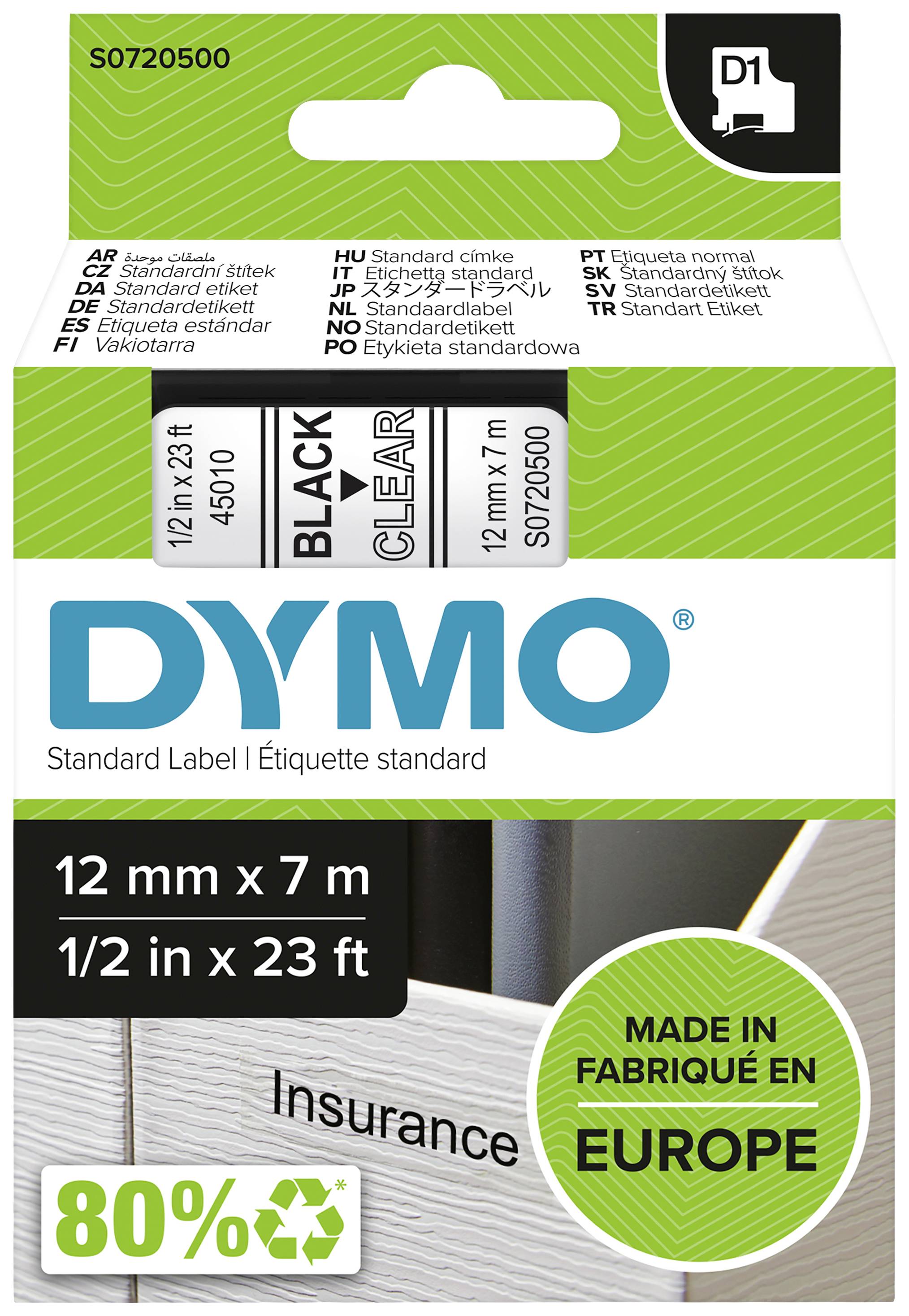 Ruban D1 d'étiquettes DYMO, noir sur transparent, 12 mm x 7 m. 'Fabriqué en Europe'. Adapté pour les étiquettes standard.