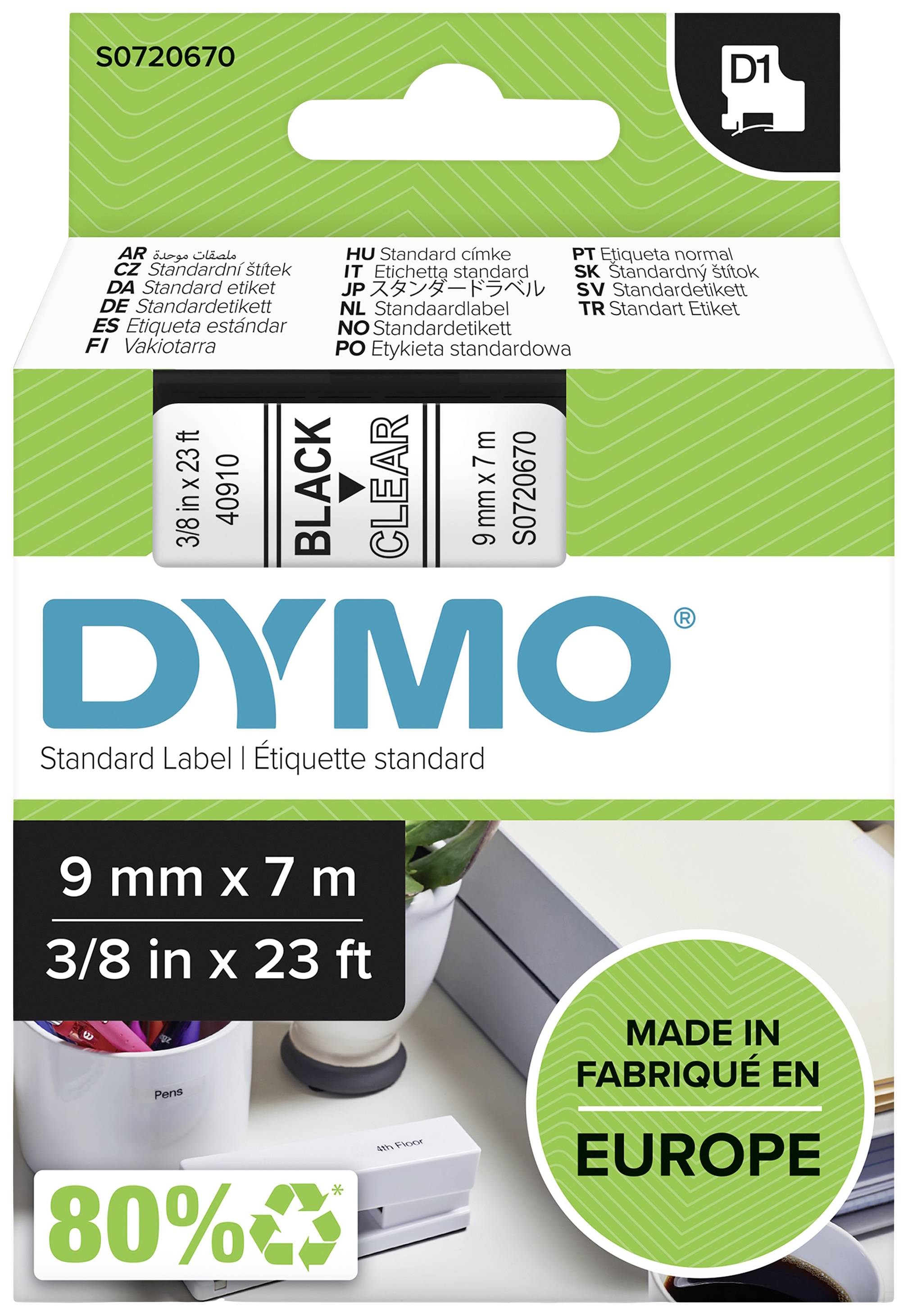 Étiquettes 'DYMO Standard Label', contenant du texte noir sur fond transparent, 9 mm x 7 m, fabriquées en Europe.