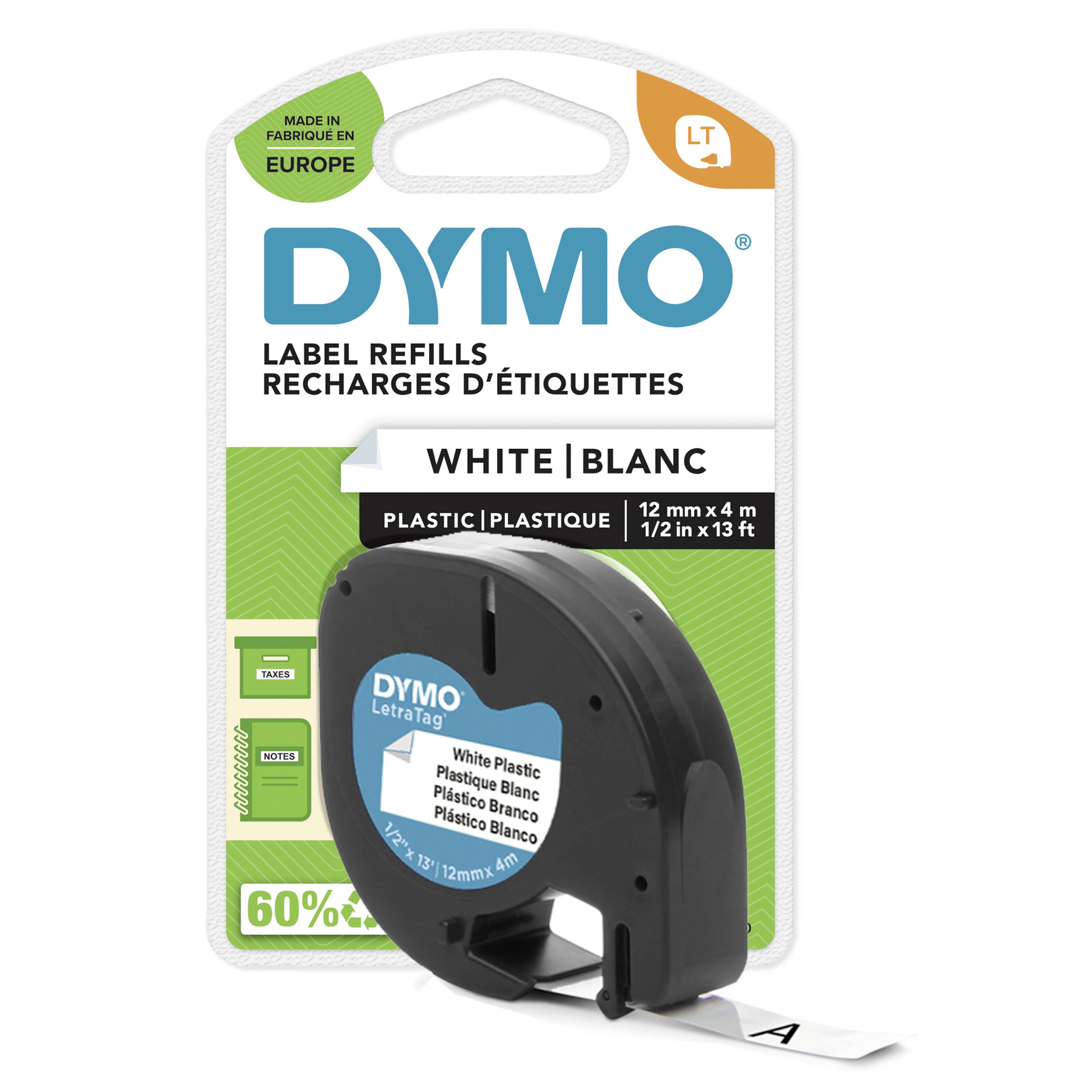 Recharge d'étiquettes DYMO, en cartouche blanche, compatible avec les étiqueteuses LetraTag. Contient des étiquettes en plastique de 12 mm de large et de 4 m de long.
