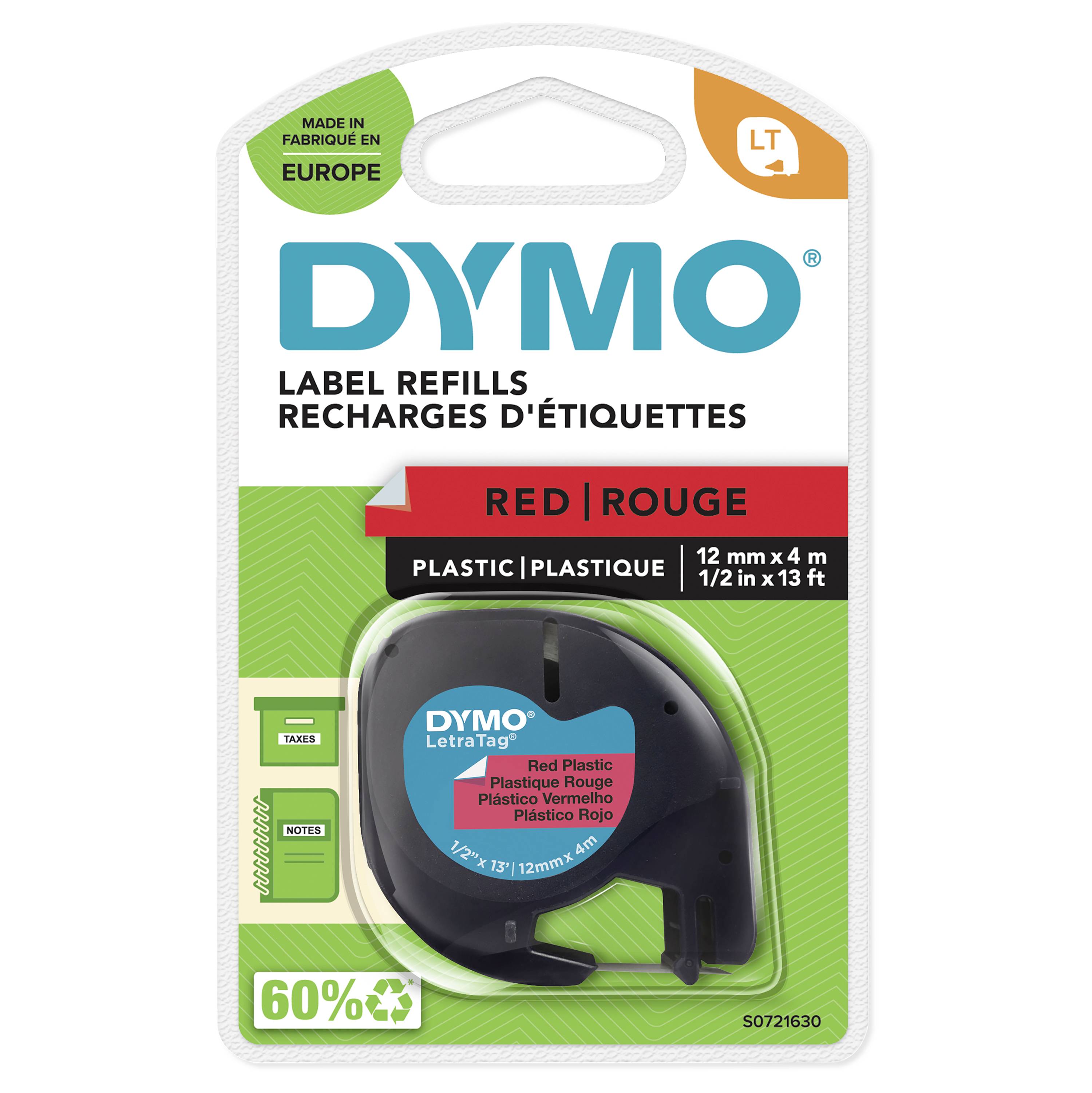 Recharges d'étiquettes DYMO pour étiquettes en plastique de 12 mm x 4 m, rouges. L'emballage souligne que 60 % de l'enveloppe est fabriqué à partir de matériaux recyclés.