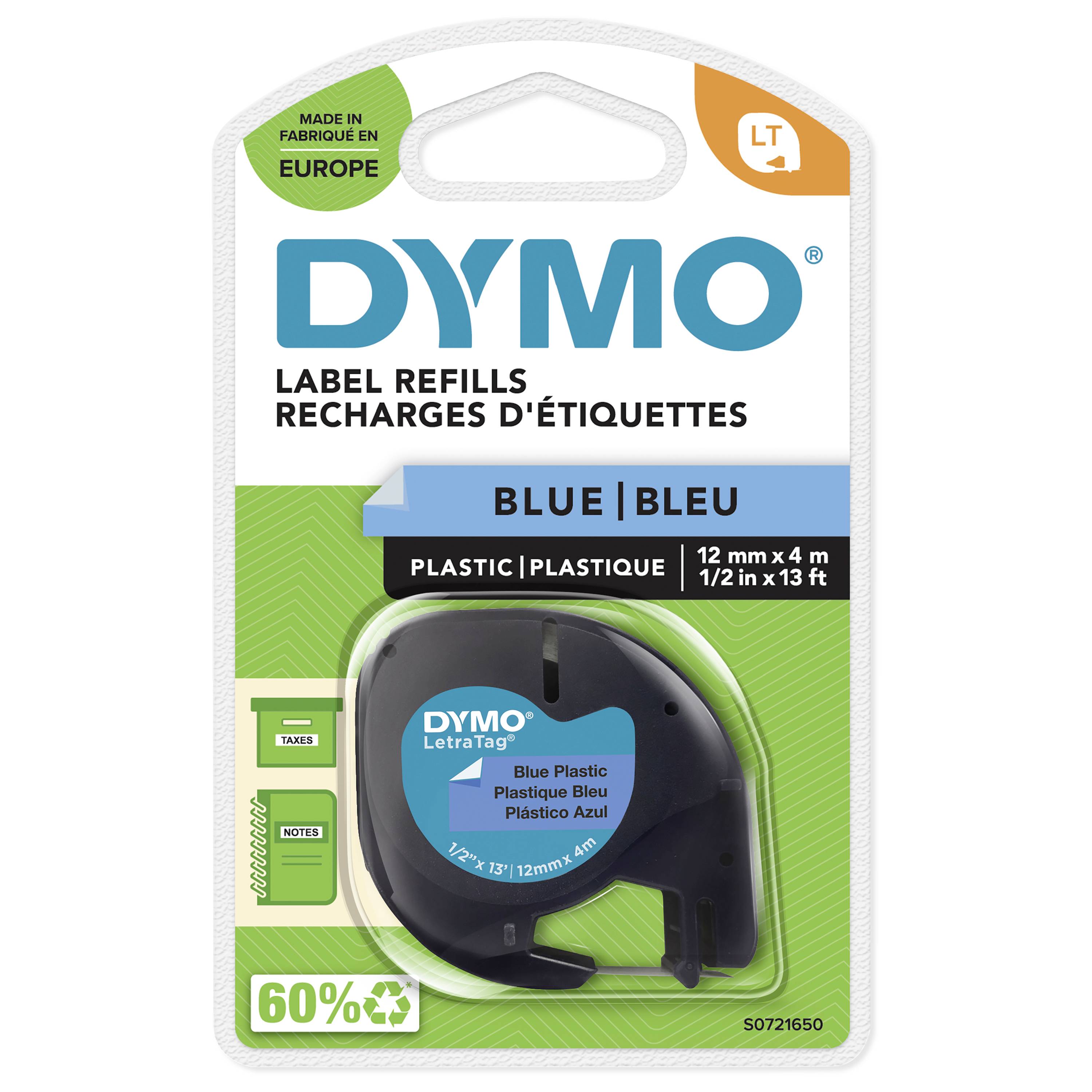 Recharge d'étiquettes Dymo en bleu. Compatible avec les imprimantes de 12 mm x 4 m. Fabriqué en Europe, 60% de matériaux recyclés.