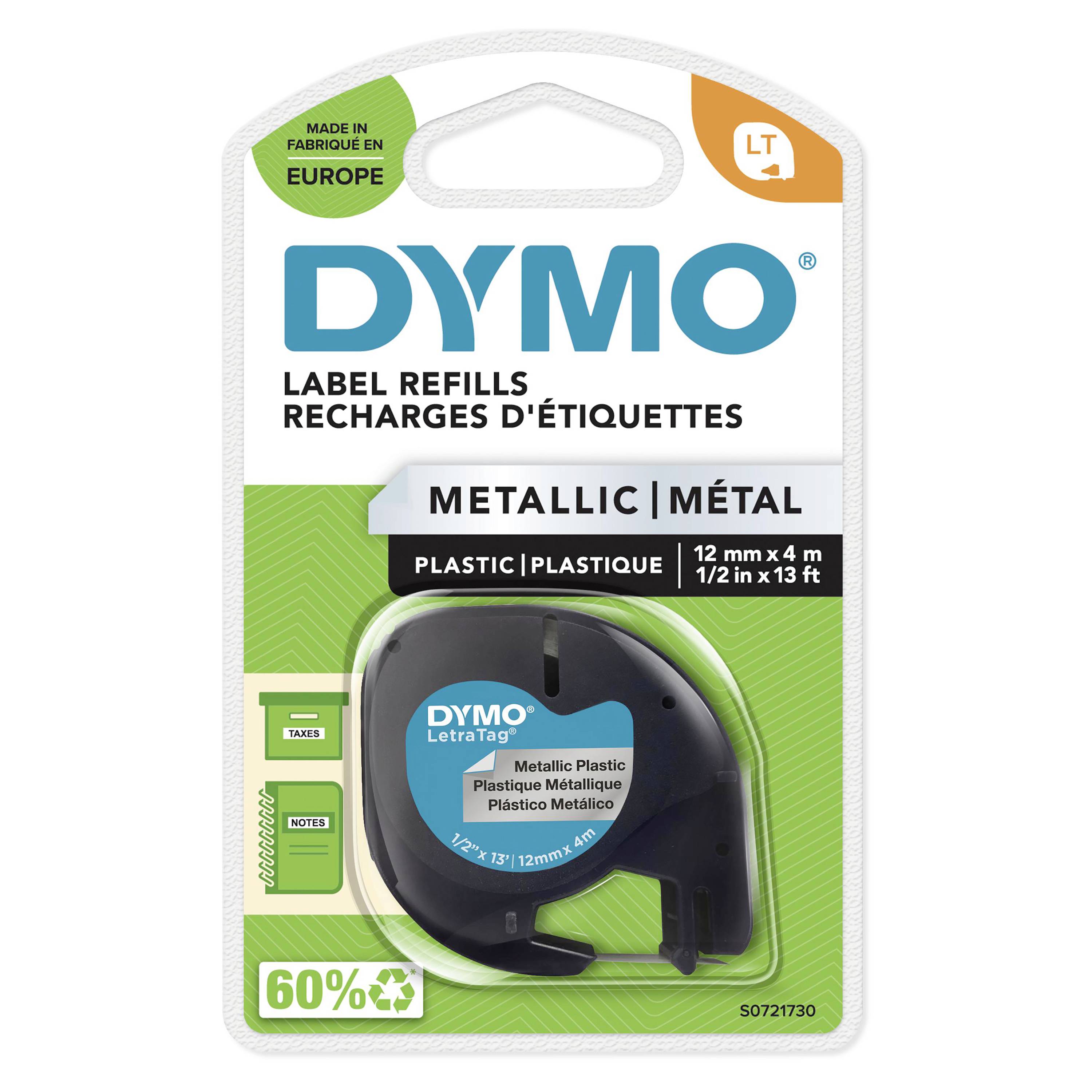 Recharge d'étiquettes 'DYMO' en plastique métallique, 12 mm x 4 m. Fabriqué en Europe. Emballage présentant le rouleau dans le distributeur.