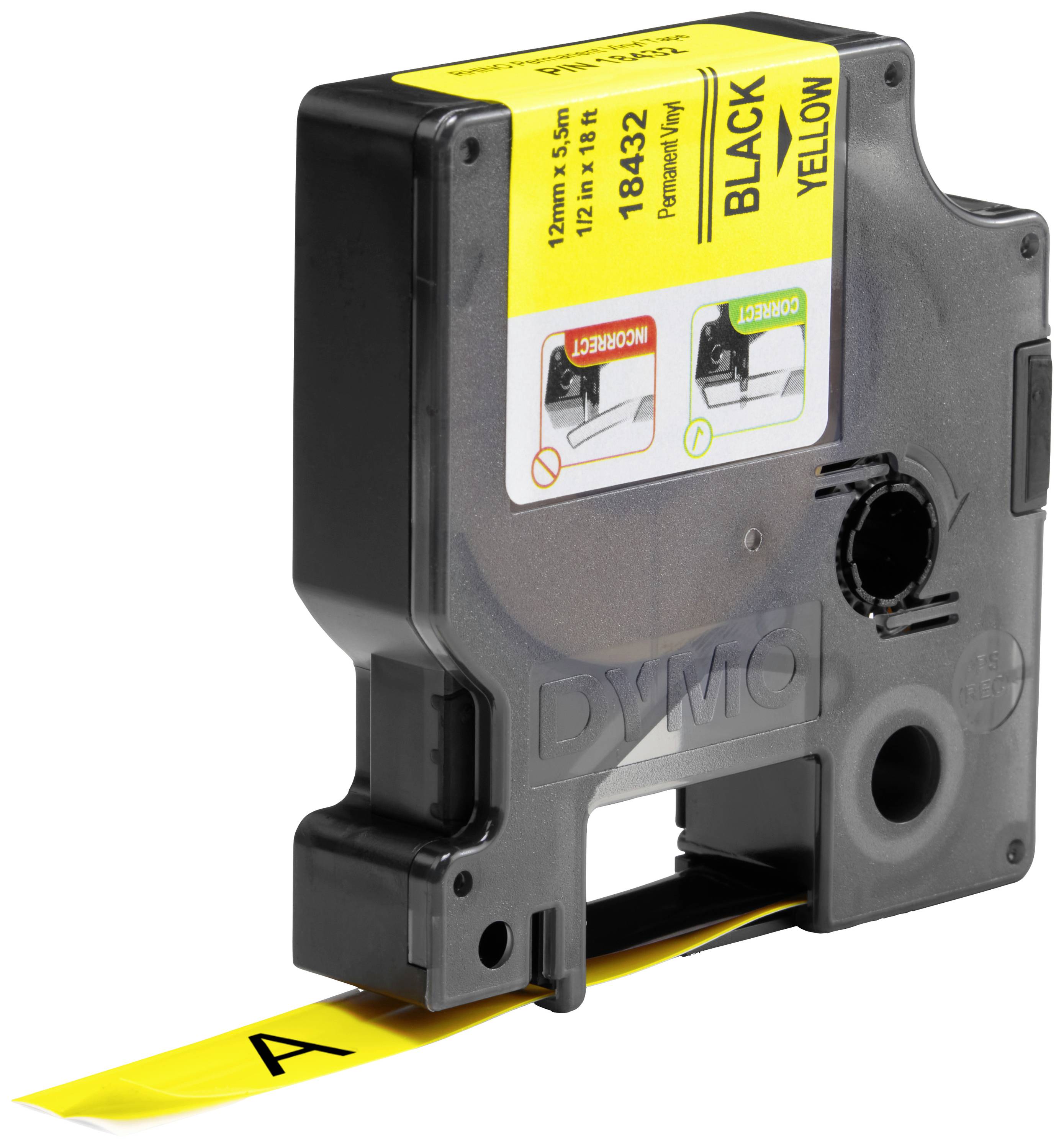 Boîtier de cassette de ruban DYMO noir avec étiquette jaune. Écriture noire : 'BLACK'. Étiquette avec la lettre 'A' visible.