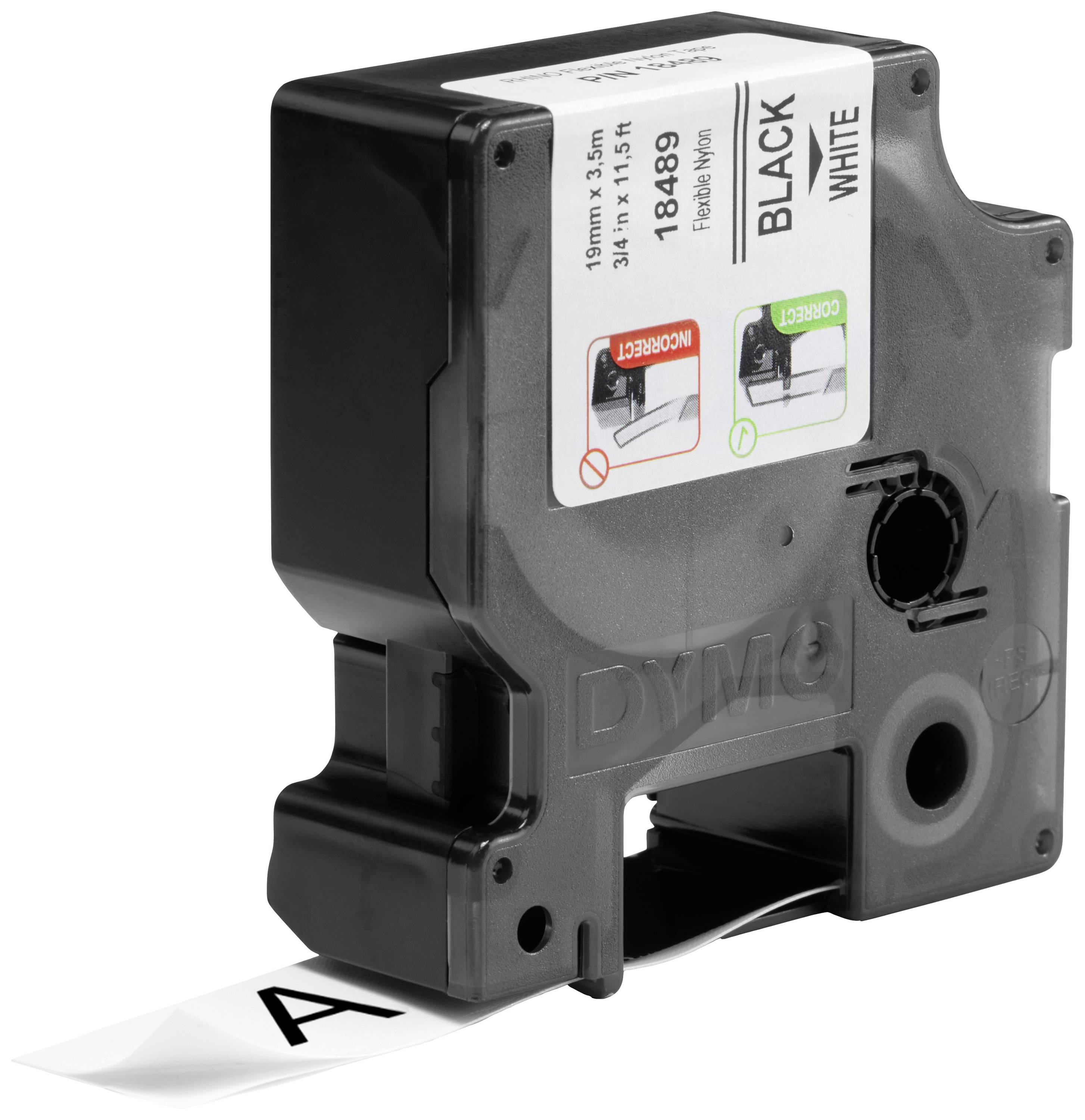 Une cassette d'étiquettes monochrome de DYMO avec un texte noir sur fond blanc.