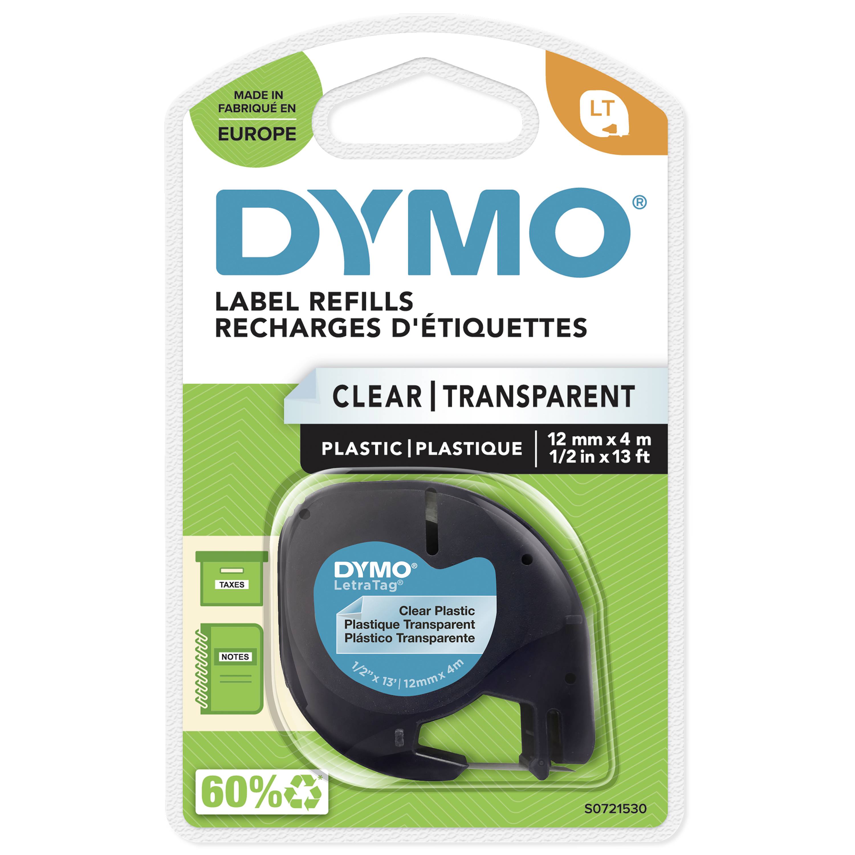 Ruban de recharge d'étiquettes pour étiqueteuses Dymo, transparent, 12 mm x 4 m, adapté aux surfaces en plastique.