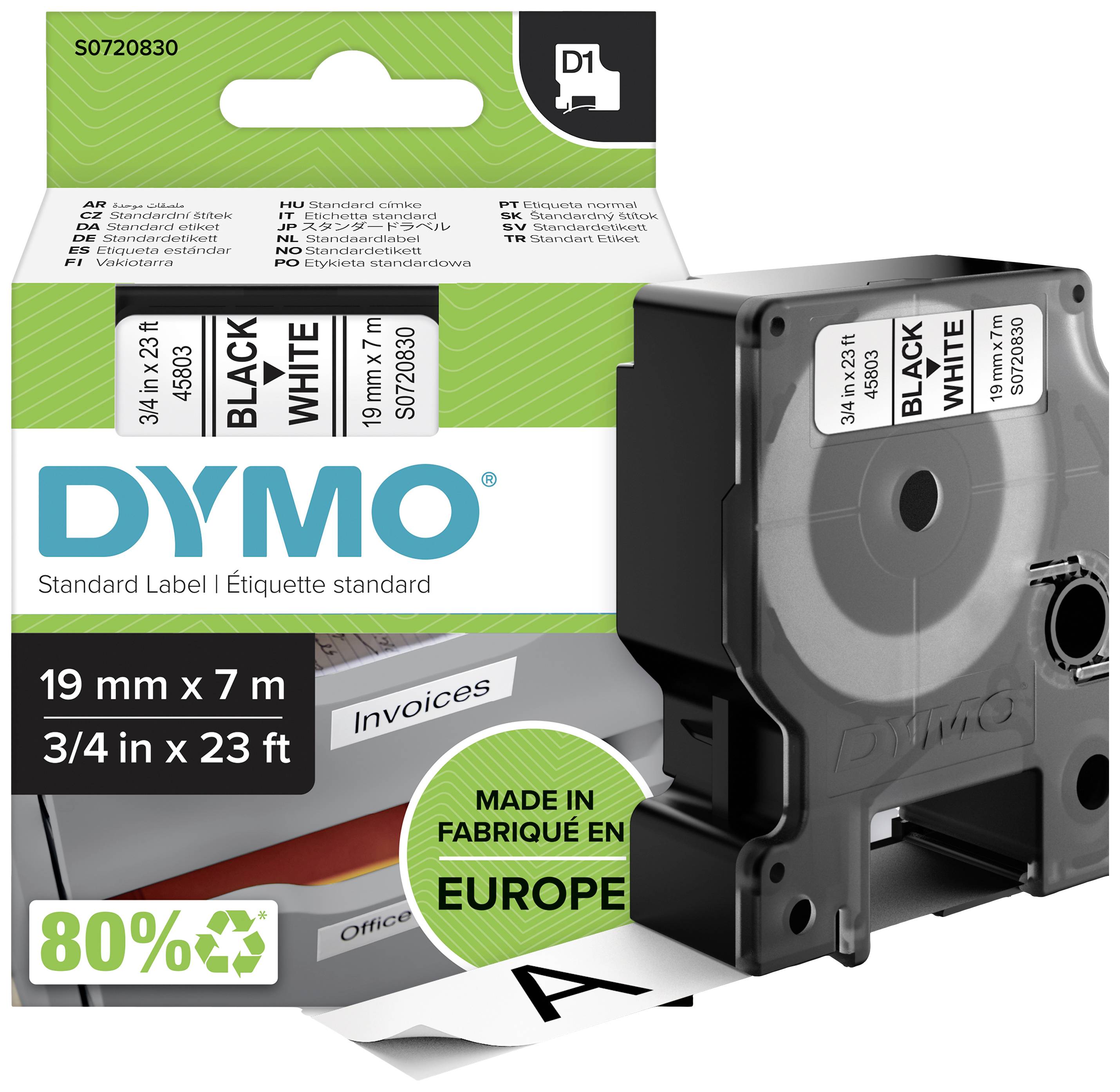 Cassette d'étiquettes DYMO, 19 mm x 7 m, écriture noire sur fond blanc, usage : bureau. 80% de matériaux recyclables.