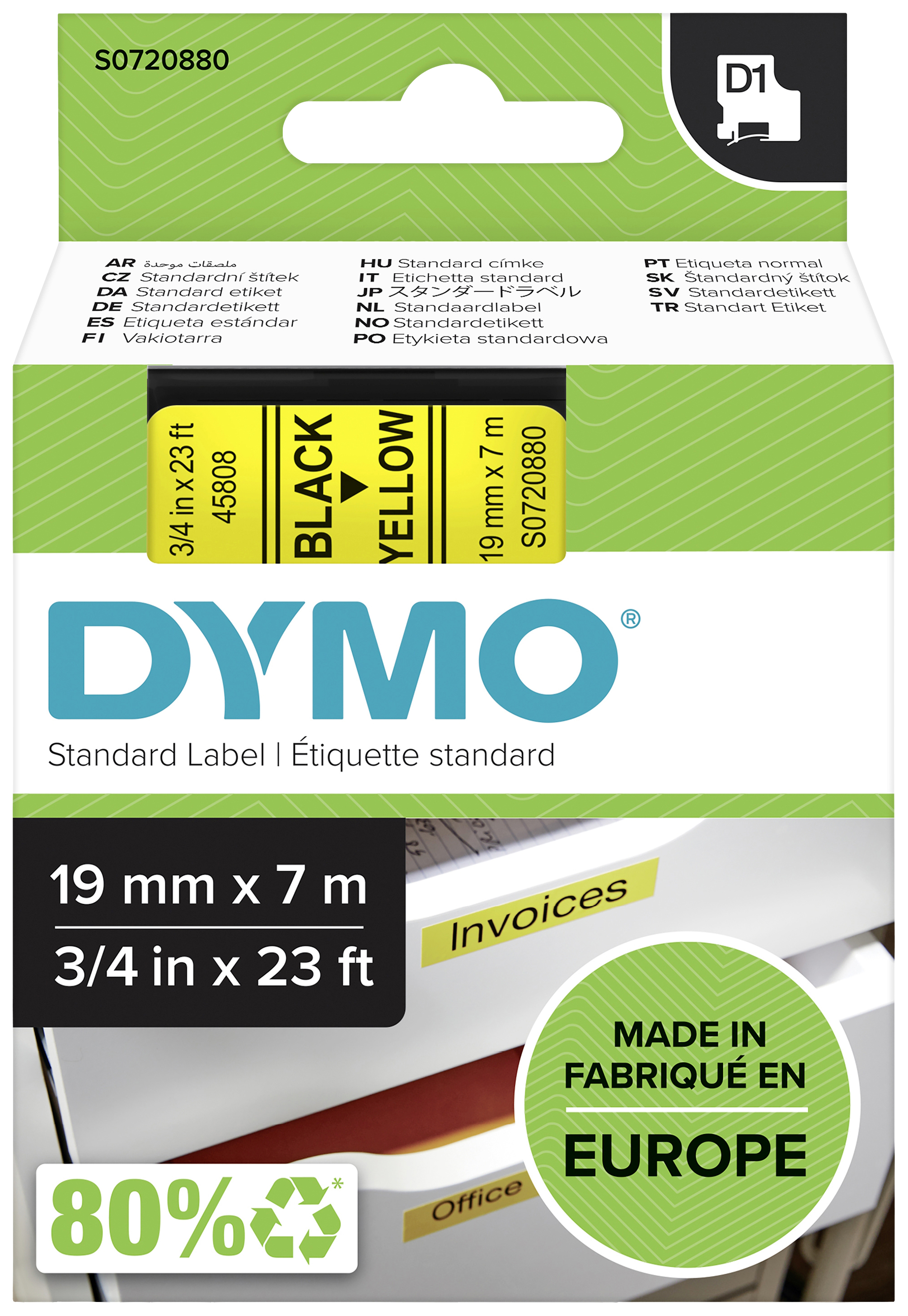 Emballage 'DYMO' pour étiquettes standard de dimensions 19 mm x 7 m. Contient le texte 'MADE IN EUROPE' et '80%'.