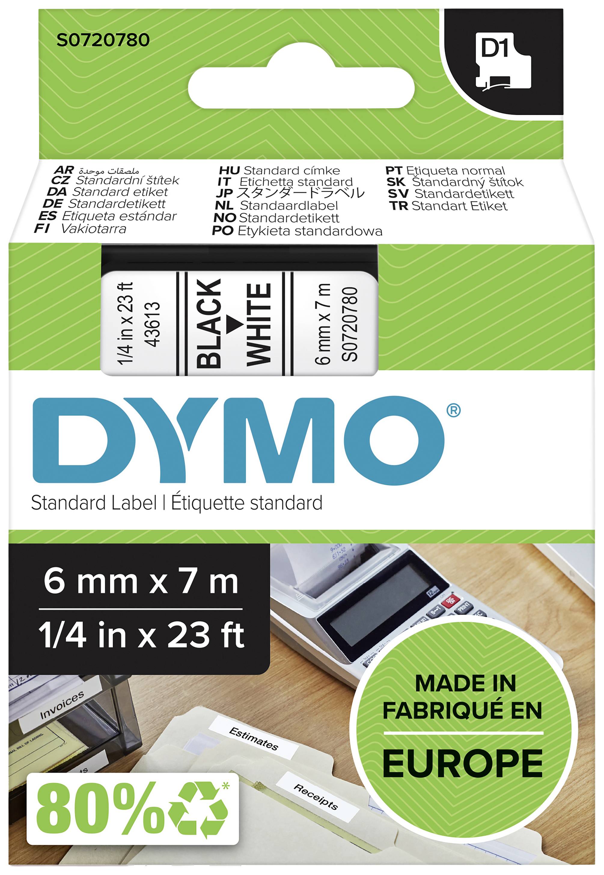 Rouleau d'étiquettes standard DYMO, 6 mm x 7 m, noir sur blanc. Contient 80% de matériaux recyclés. Fabriqué en Europe.