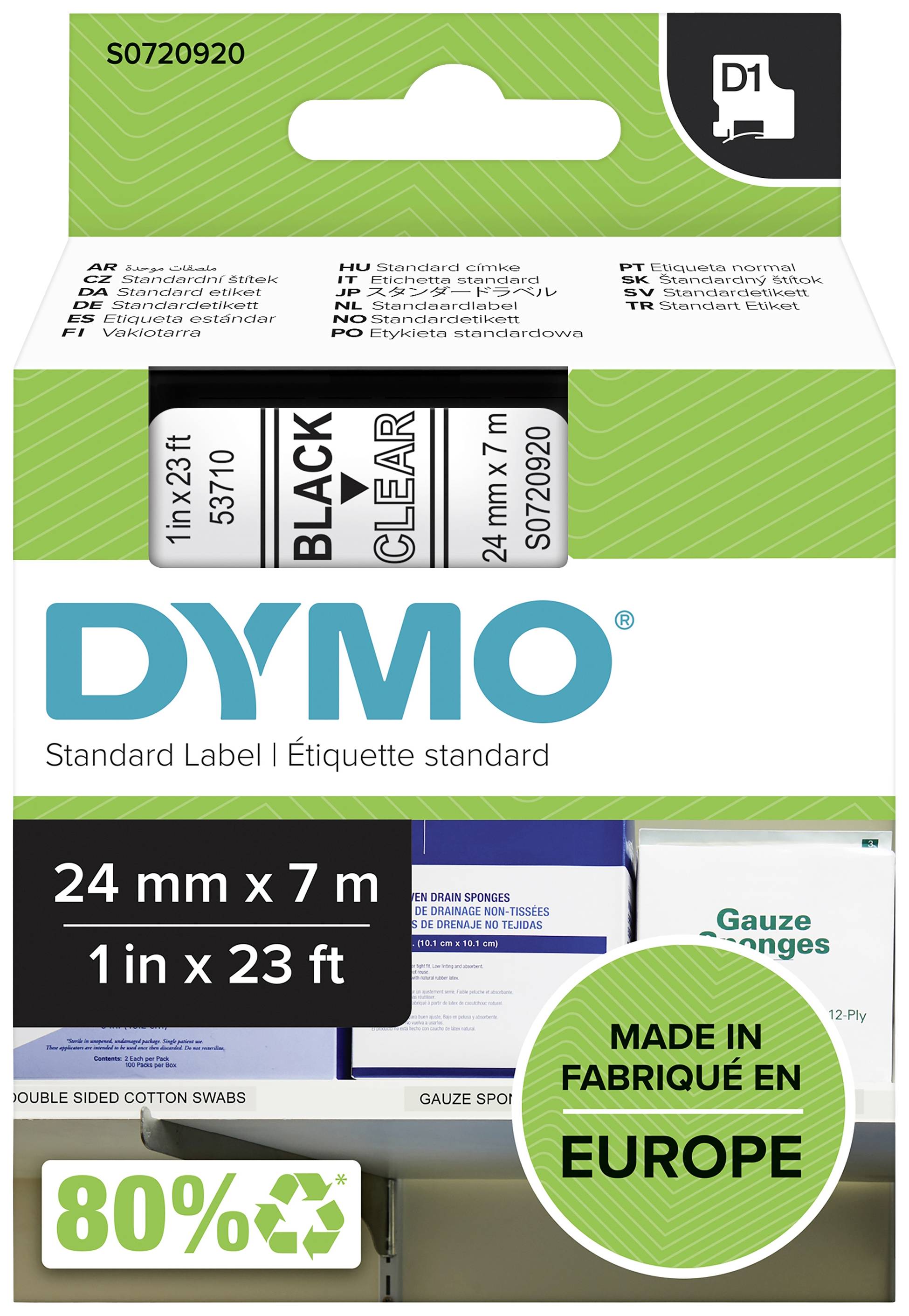 Étiquettes DYMO dans un emballage portant l'inscription 'Standard Label'. Dimensions : 24 mm x 7 m. Étiquetées comme fabriquées en Europe.