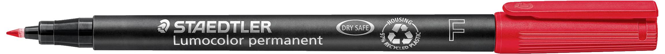 Marqueur permanent noir STAEDTLER Lumocolor avec capuchon rouge. Pointe fine 'F', idéal pour des marquages précis et durables.