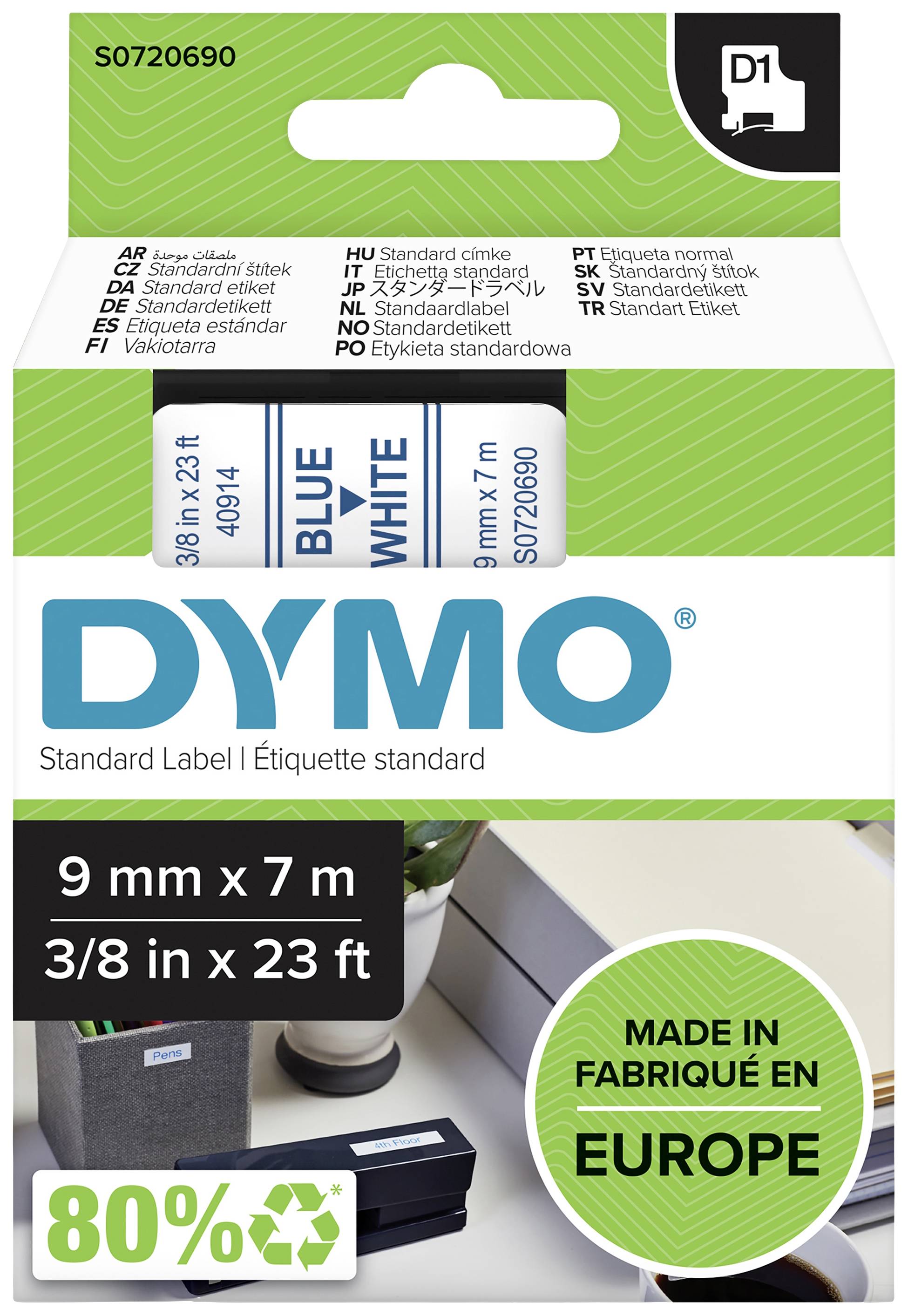 Emballage d'étiquette standard DYMO pour ruban de 9 mm x 7 m, bleu sur blanc. Comprend une indication de fabrication européenne avec 80 % de matériaux recyclés.