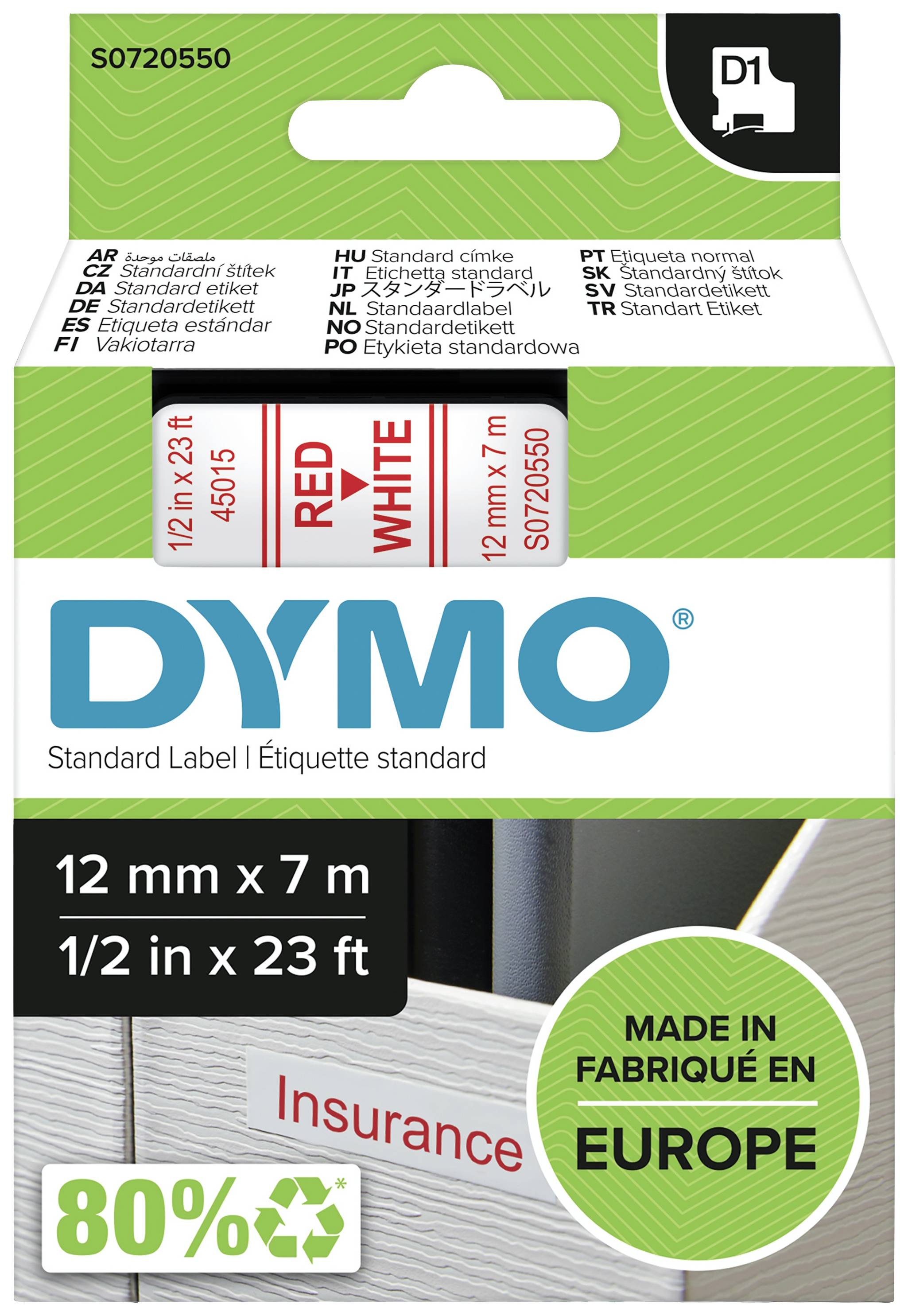 Boîte d'étiquettes DYMO, 12 mm x 7 m, blanc avec texte rouge 'Insurance', fabriquées en Europe, 80% de matériau recyclé.