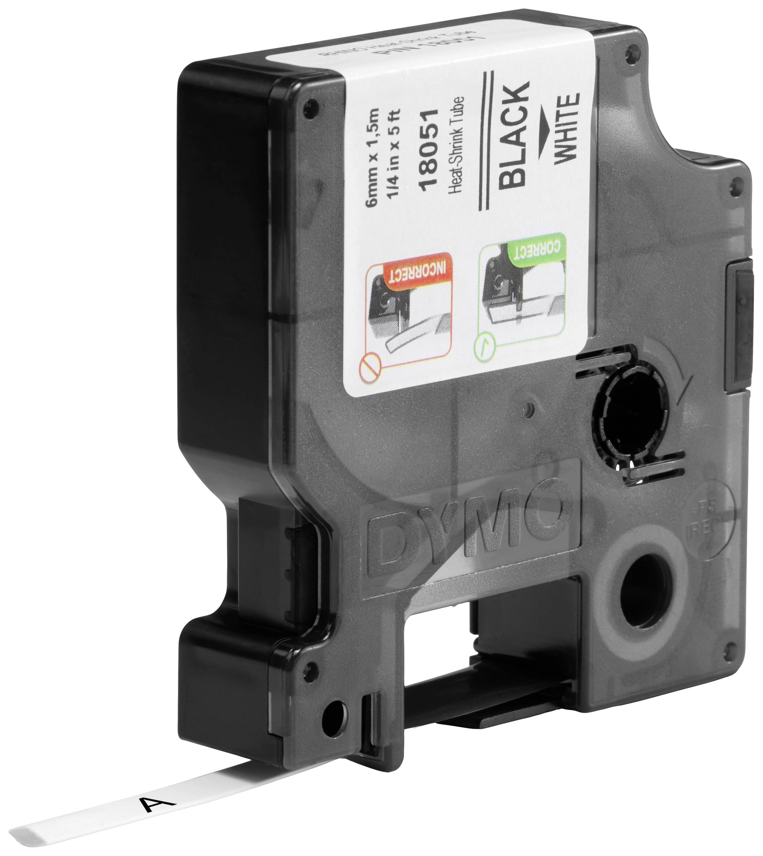 Cassette d'étiquetage DYMO en noir et blanc avec une étiquette mise en évidence montrant comment l'utiliser correctement.