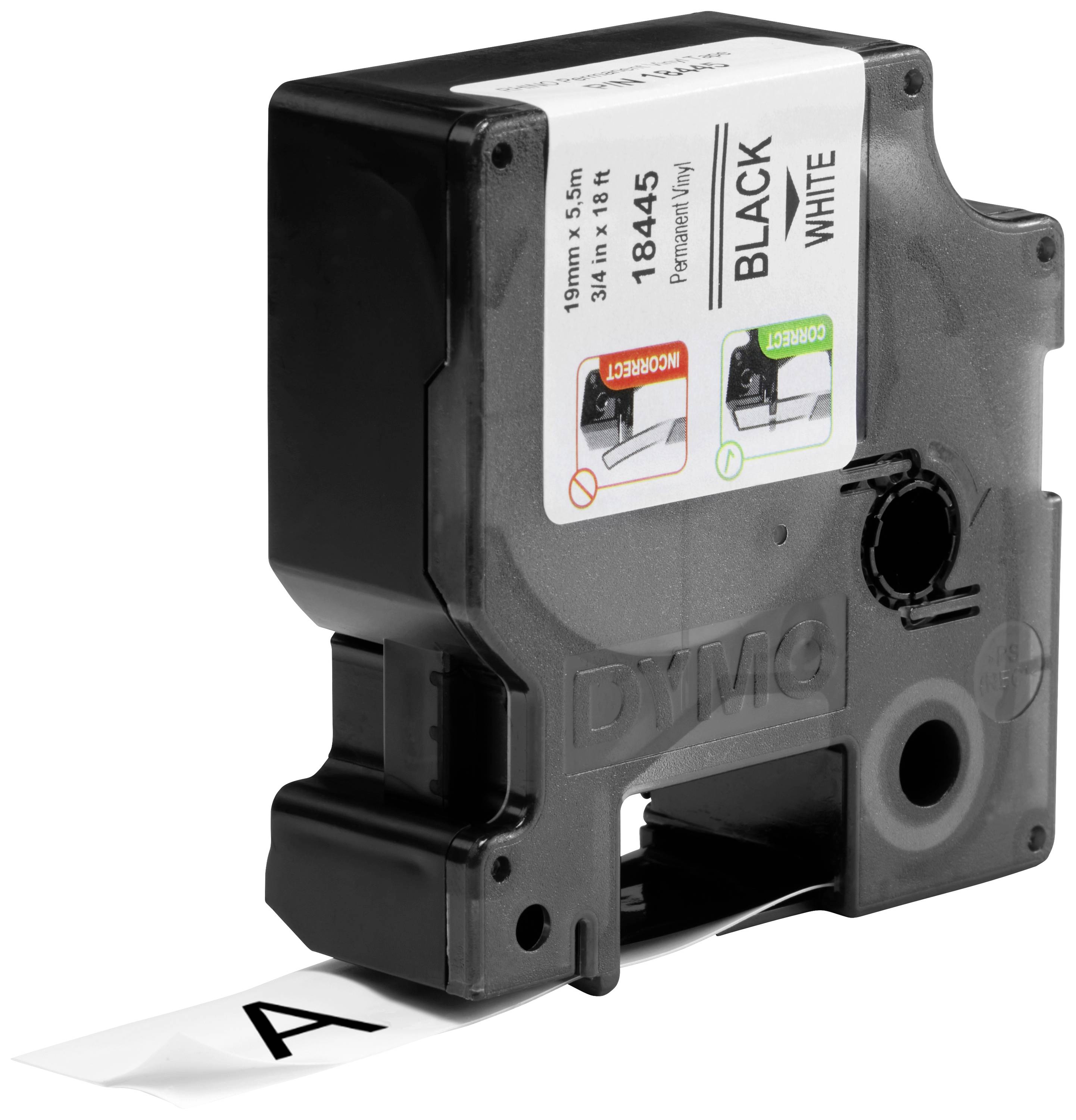 Cassette Dymo noire avec étiquette blanche, lettre extrudée 'A'.
