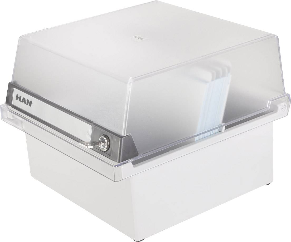 Une boîte de classement transparente avec un couvercle, contenant quelques fiches bleues. La boîte est en plastique et sert à ranger des cartes.