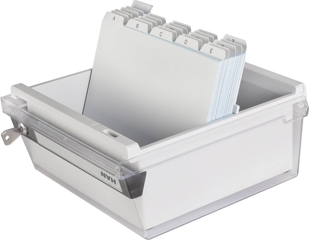 Une boîte de classement grise ouverte avec des intercalaires alphabétiques de A à E. Idéale pour le rangement organisé des fiches.