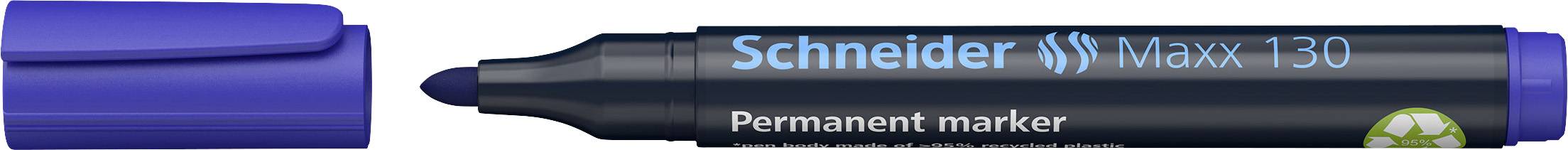 Marqueur permanent bleu avec son capuchon retiré, portant l'inscription « Schneider Maxx 130 ».