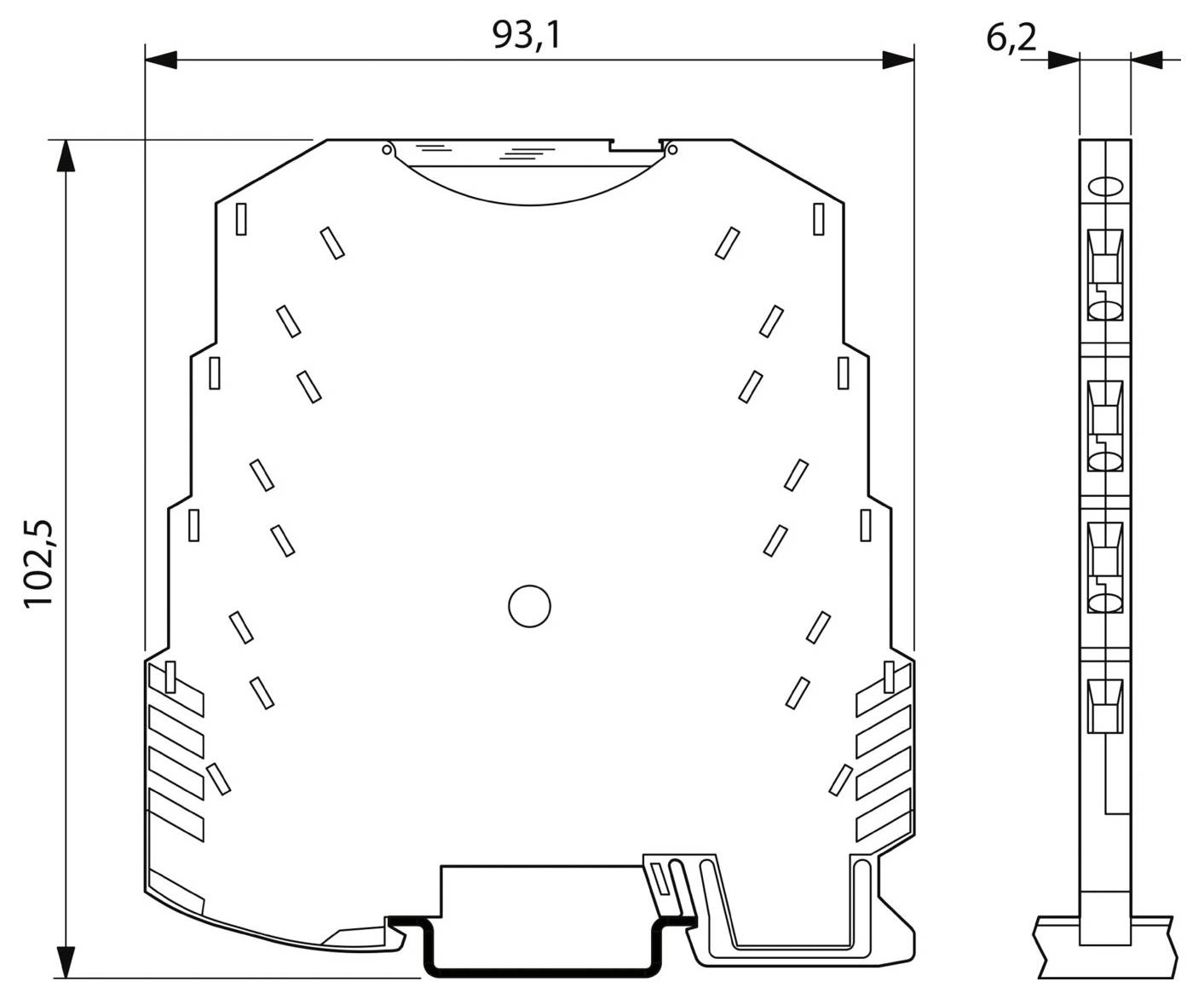 Dessin technique d'un dispositif avec les dimensions suivantes : 93,1 mm de largeur, 102,5 mm de hauteur et 6,2 mm d'épaisseur. La vue de côté présente les composants internes.