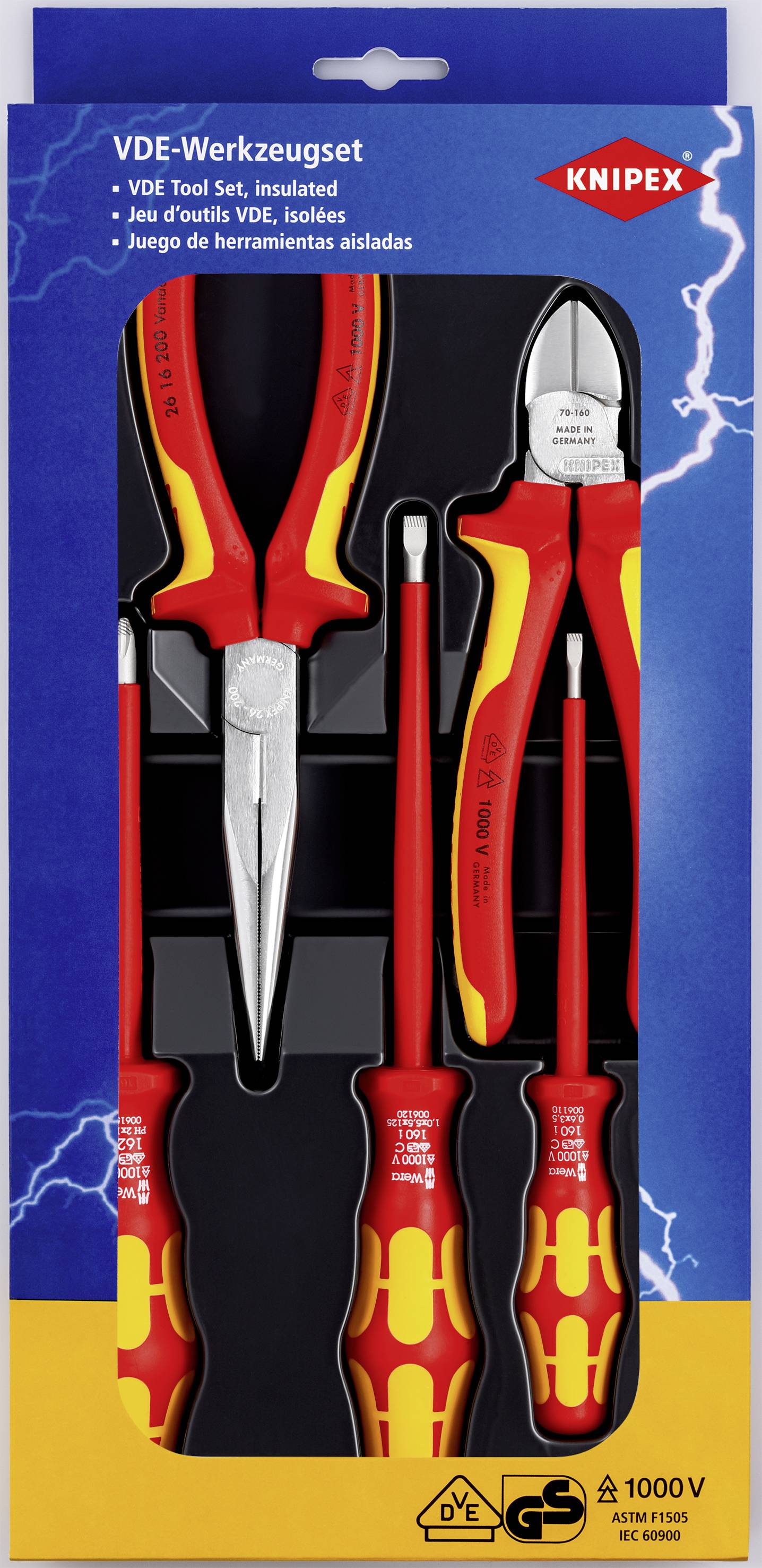 Ensemble d'outils VDE composé de pinces et de tournevis isolés en rouge et jaune, adapté aux travaux jusqu'à 1000V.