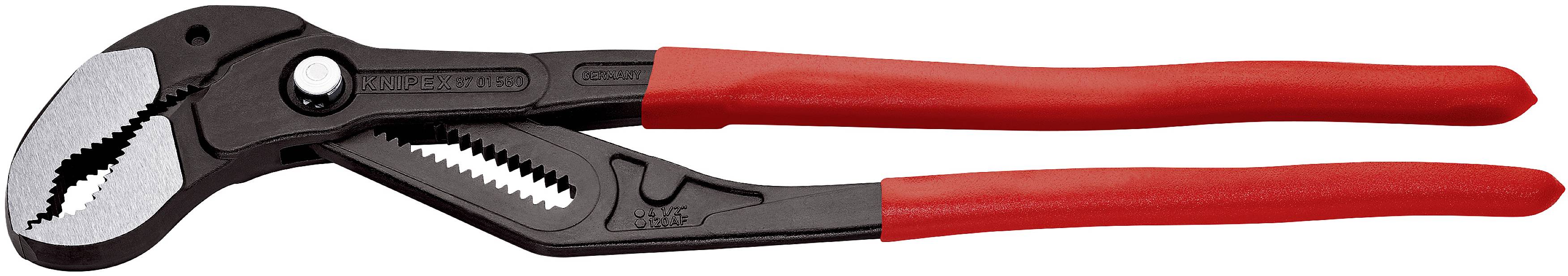 Une pince à pompe rouge avec mâchoires réglables et tête en métal noir, adaptée aux travaux de plomberie et de montage.