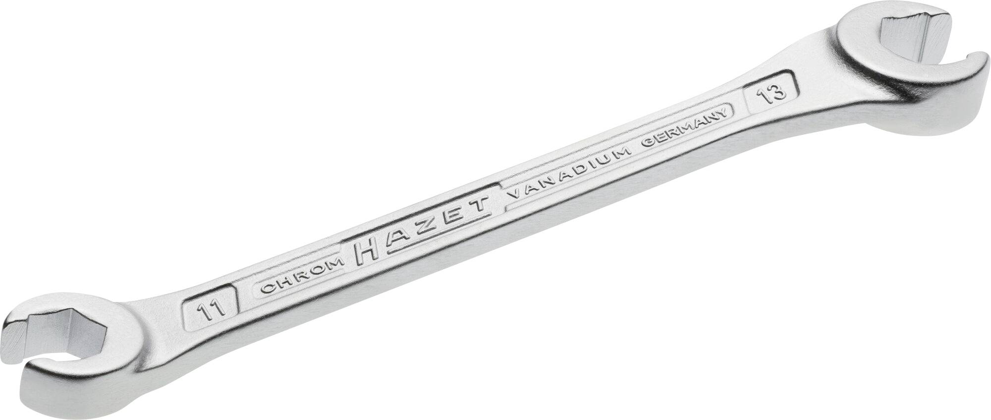 Clé à fourche double, chromée, portant l'inscription 'Chrome Vanadium Germany', tailles 11 et 13.