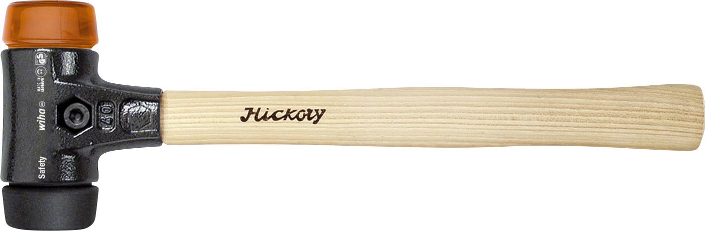 Un marteau avec un manche en bois et des têtes en plastique des deux côtés. Le nom de marque 'Hickory' est gravé sur le manche.