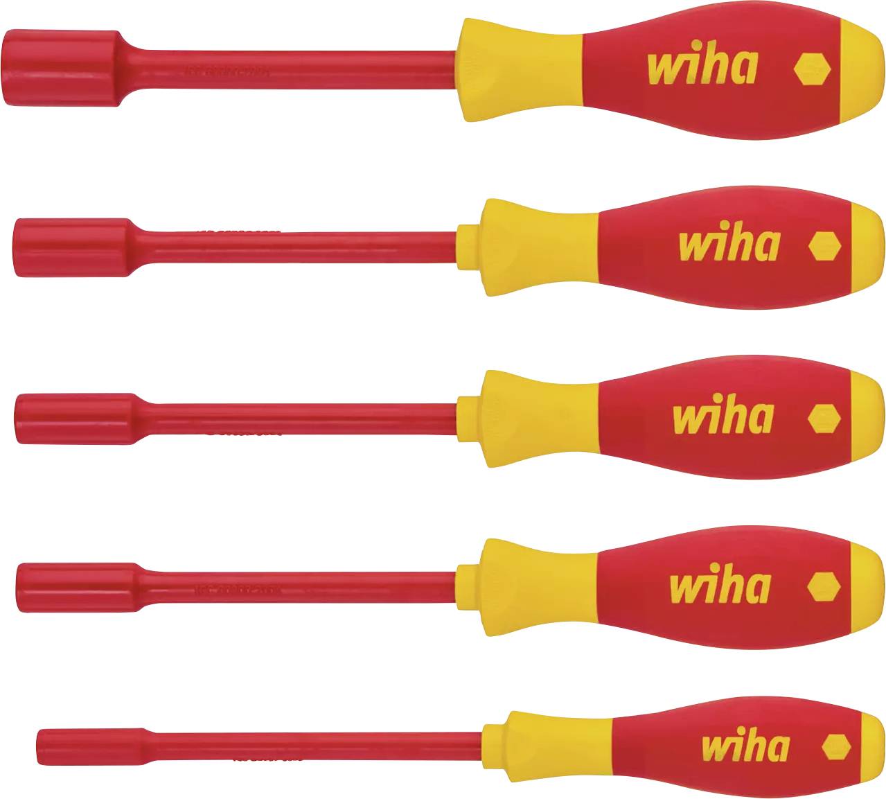 Cinq clés mâles Wiha de couleurs rouge et jaune, de différentes tailles, alignées côte à côte.