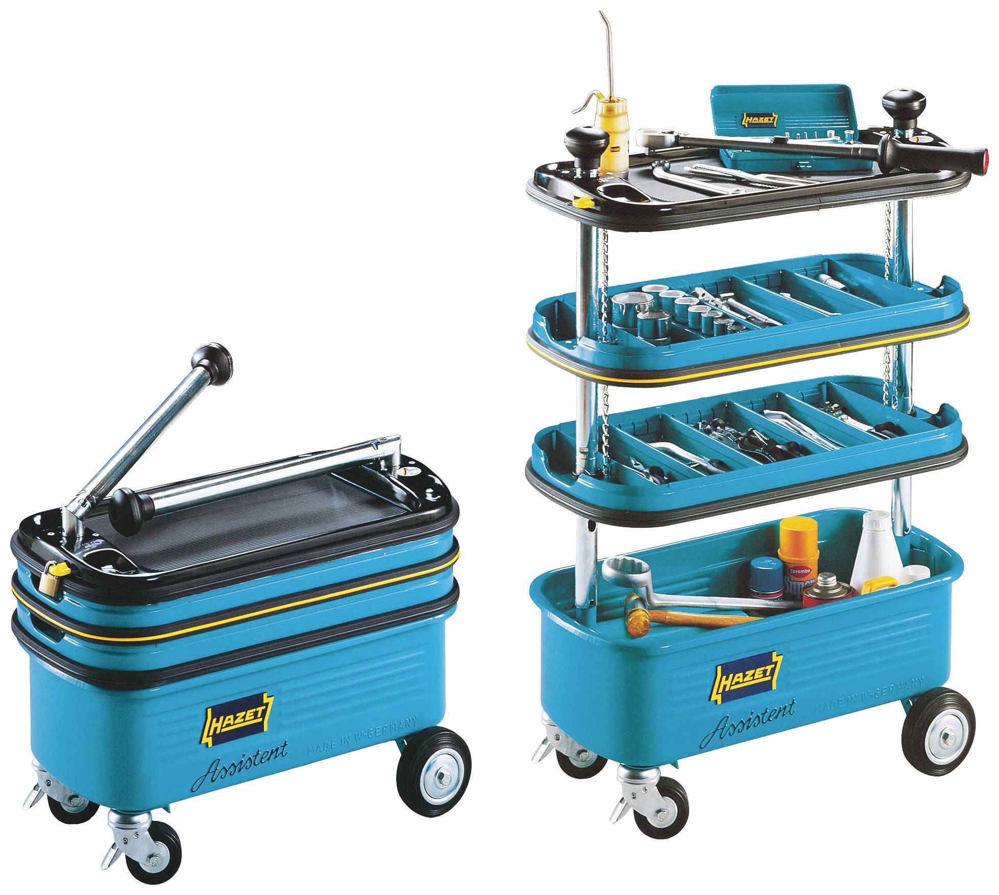 Deux chariots d'atelier bleus équipés de divers outils, comprenant des clés et des tournevis, disposés sur des étagères. Mobiles grâce à leurs roulettes.
