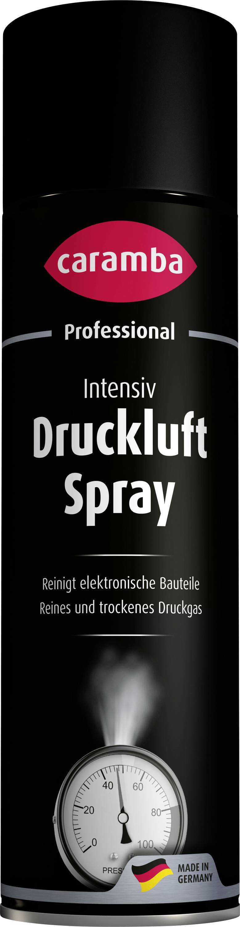 Black Caramba Professional 'Intensiv Druckluft Spray' can with pressure gauge graphic, shown standing upright on a white background.