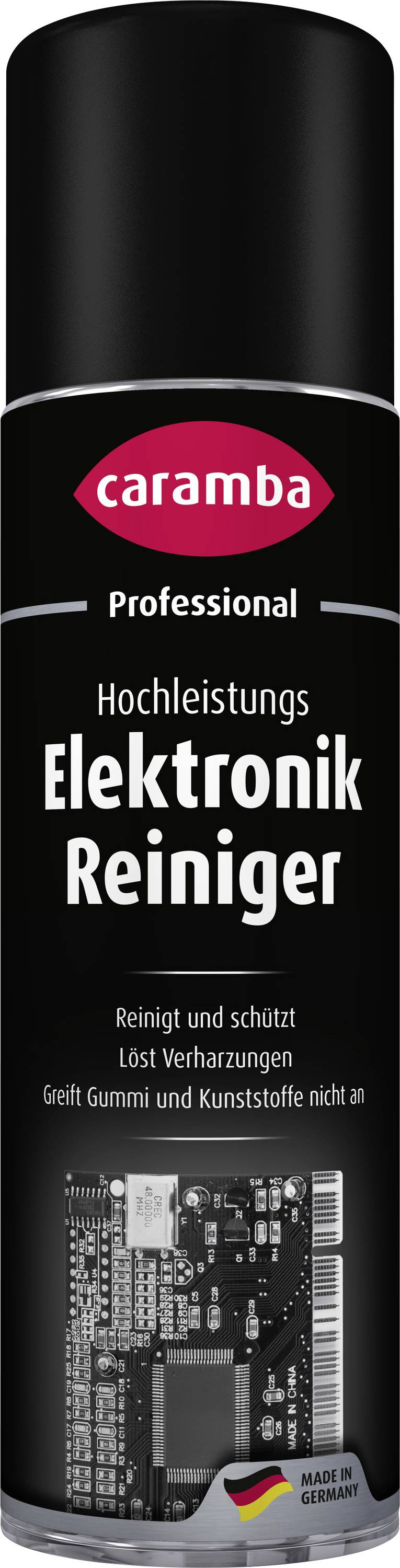 A black aerosol can of Caramba Professional 'Hochleistungs Elektronik Reiniger' electronics cleaner standing on a white background.