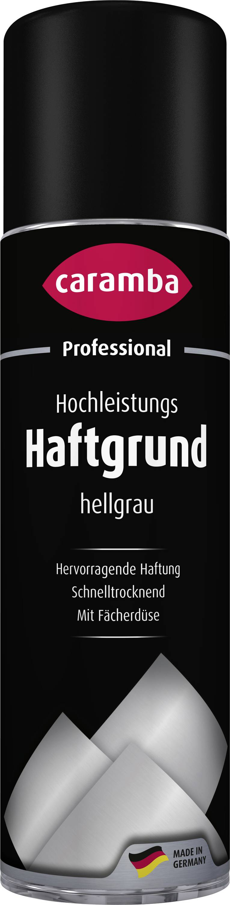 Bombe aérosol noire étiquetée « caramba Professional Hochleistungs Haftgrund hellgrau » avec badge drapeau allemand « Made in Germany ».
